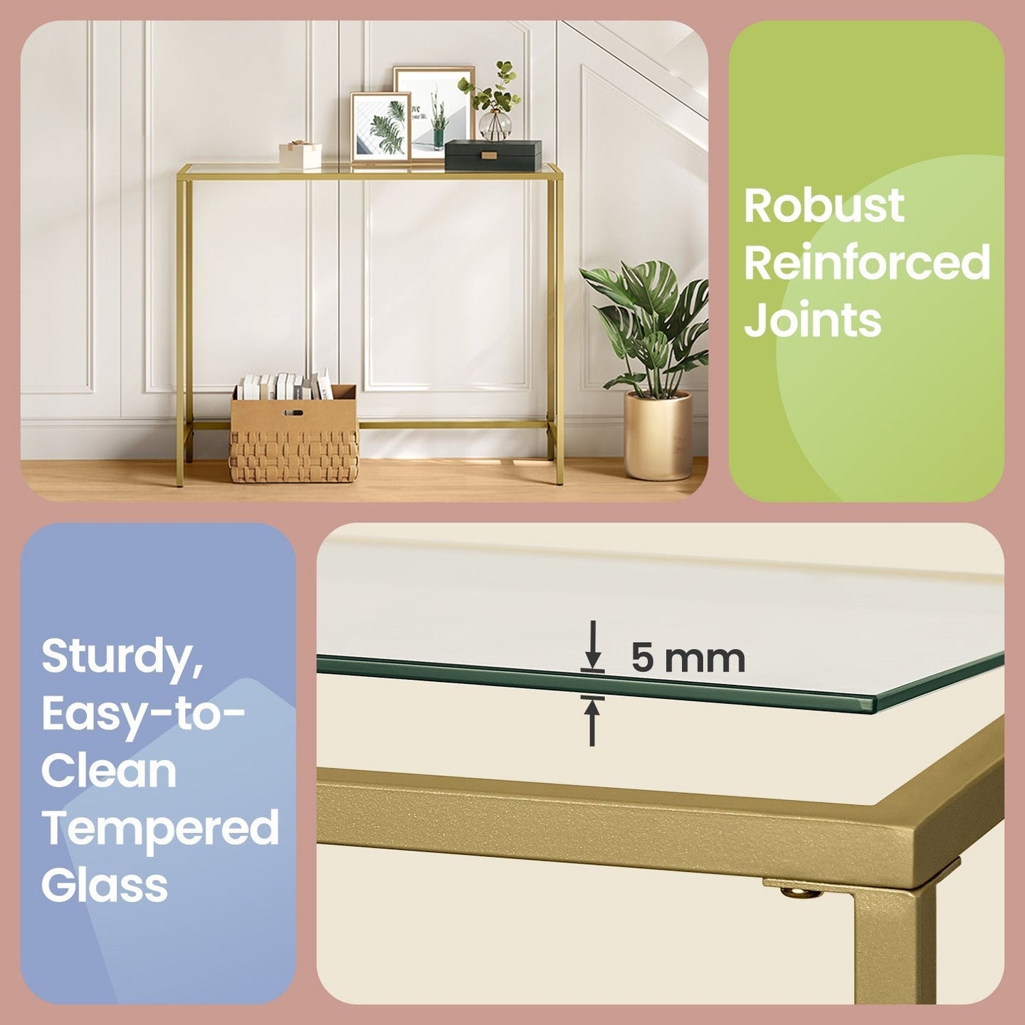 Modern Console Table - Tempered Glass - Gold - Sturdy Metal Frame with Adjustable Feet