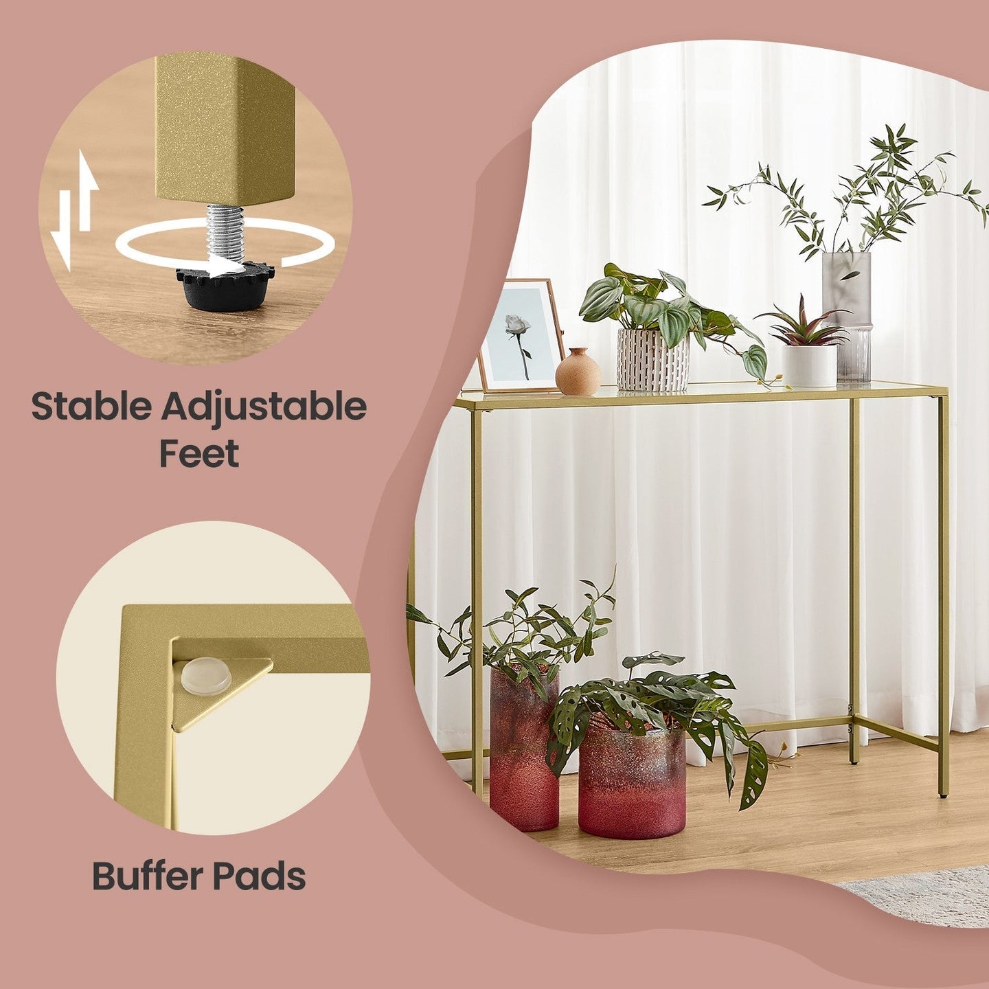 Modern Console Table - Tempered Glass - Gold - Sturdy Metal Frame with Adjustable Feet