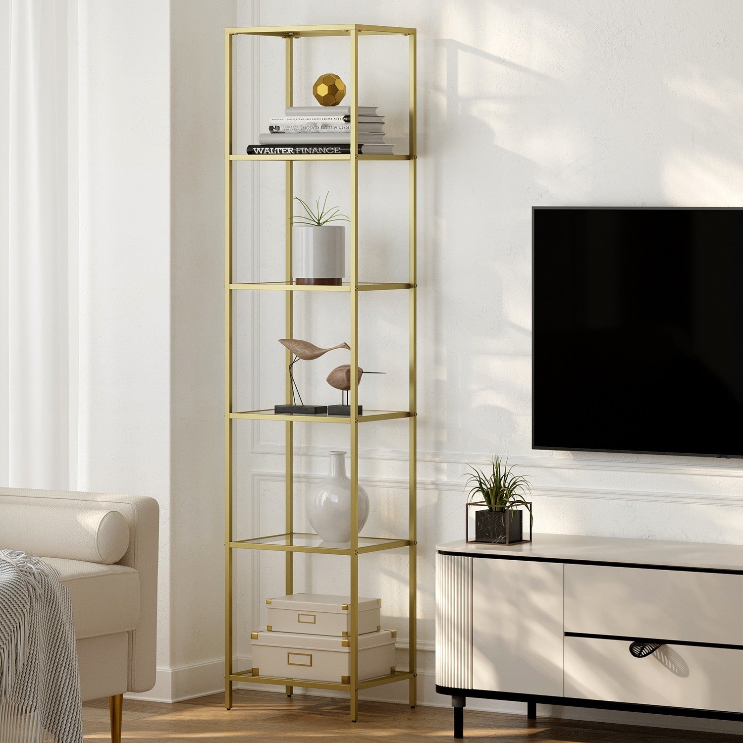 6-Tier Glass Shelf, Bookshelf - Tempered Glass and Steel - Gold