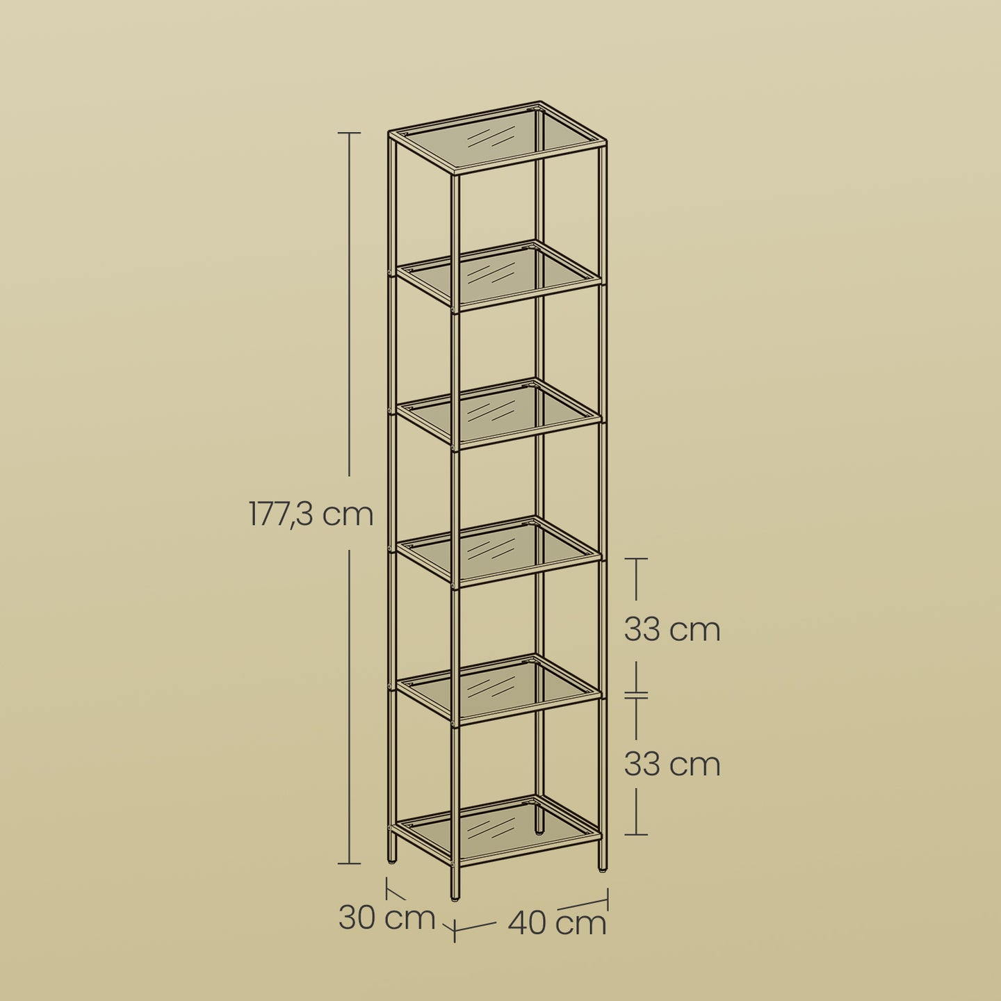 6-Tier Glass Shelf, Bookshelf - Tempered Glass and Steel - Gold