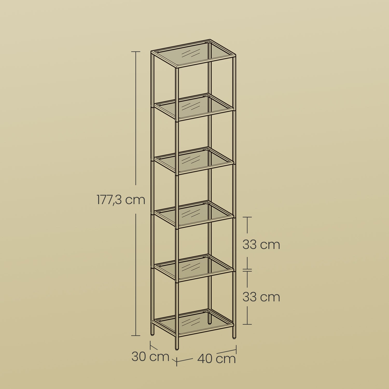 6-Tier Glass Shelf, Bookshelf - Tempered Glass and Steel - Gold