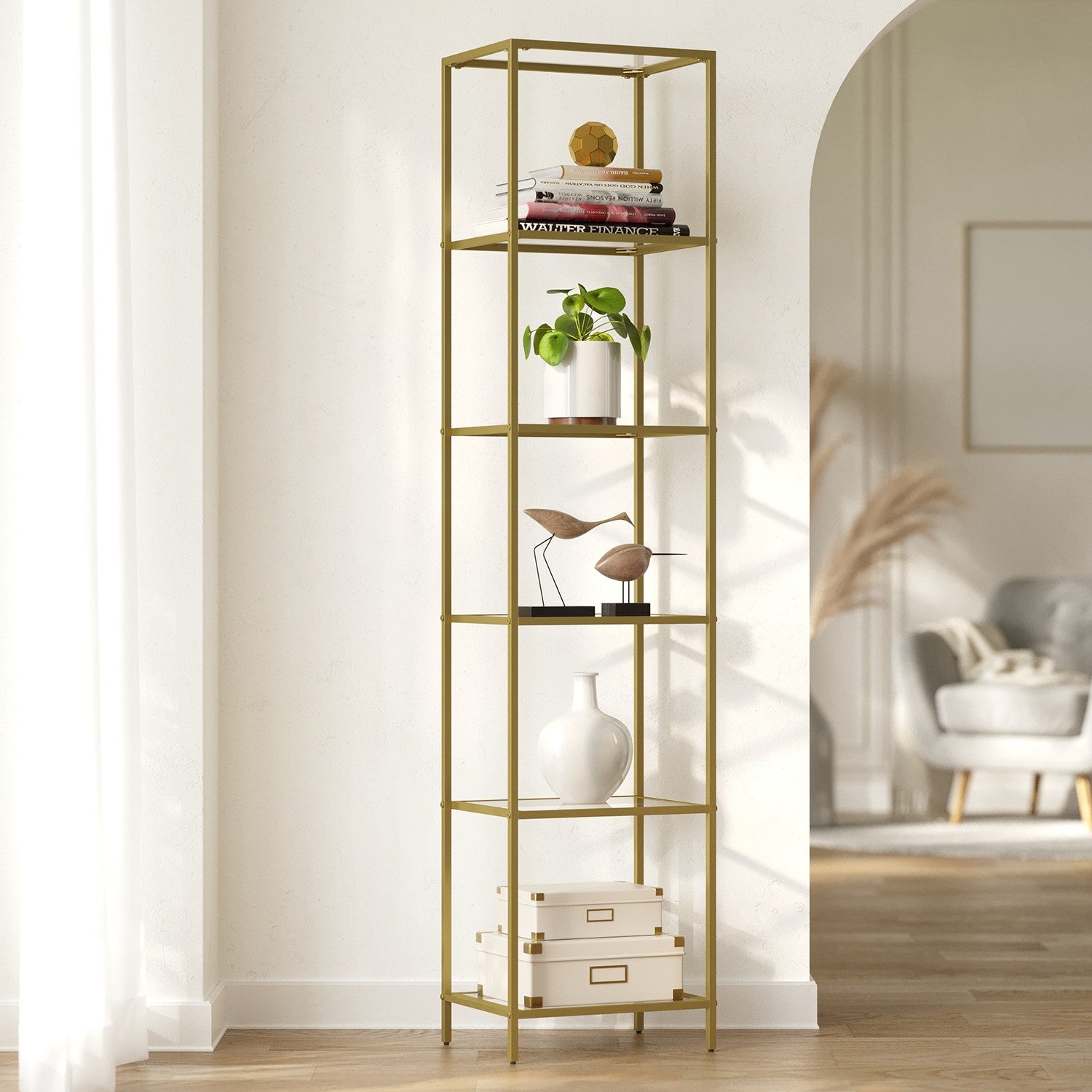6-Tier Glass Shelf, Bookshelf - Tempered Glass and Steel - Gold