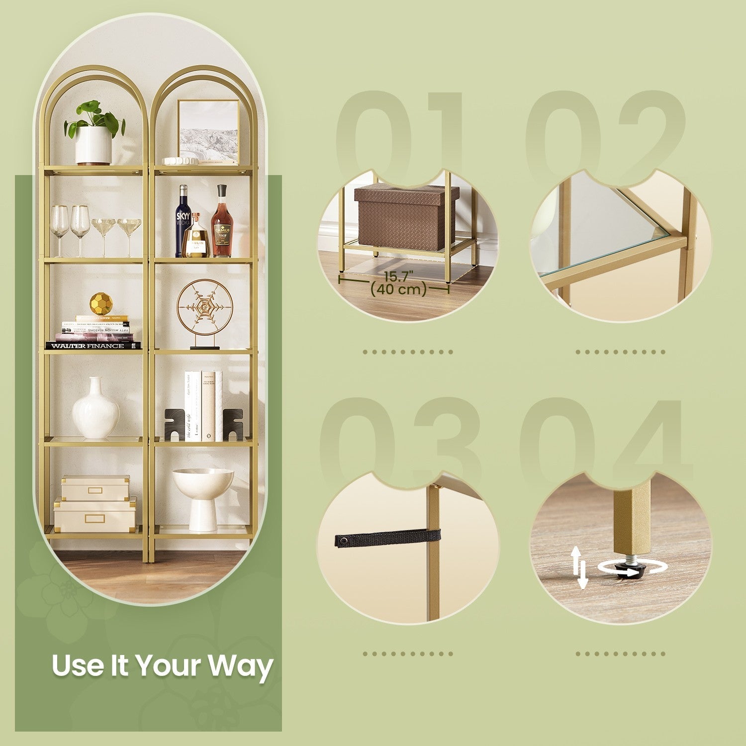 5-Tier Storage Rack - Tempered Glass - Clear - Arched Design with Steel Frame