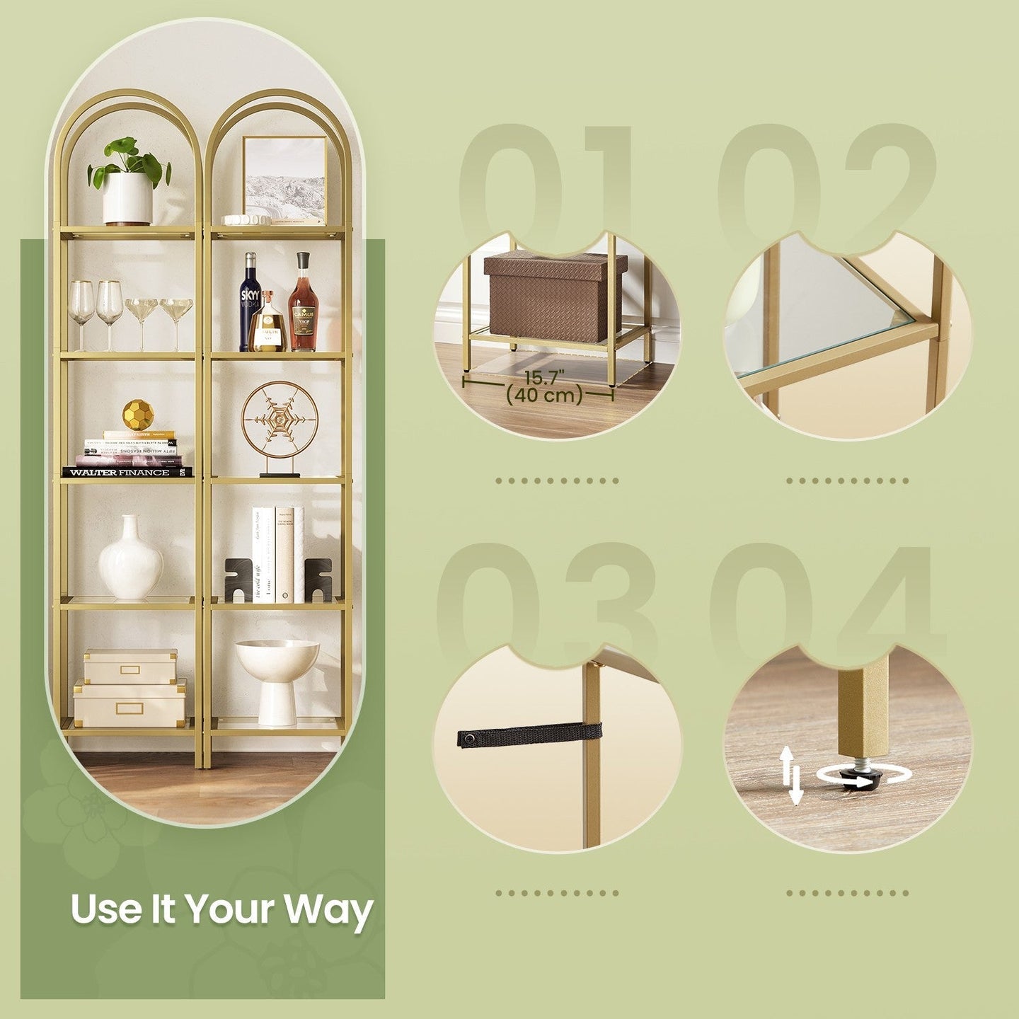 5-Tier Storage Rack - Tempered Glass - Clear - Arched Design with Steel Frame
