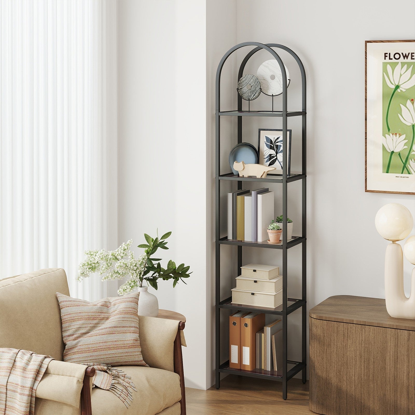 5-Tier Storage Rack - Tempered Glass - Clear - Arched Design with Steel Frame