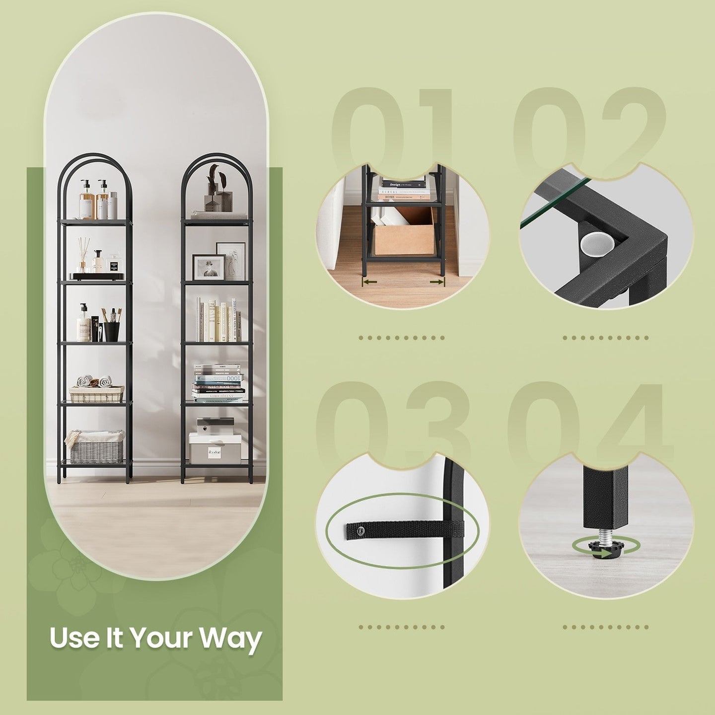5-Tier Storage Rack - Tempered Glass - Clear - Arched Design with Steel Frame
