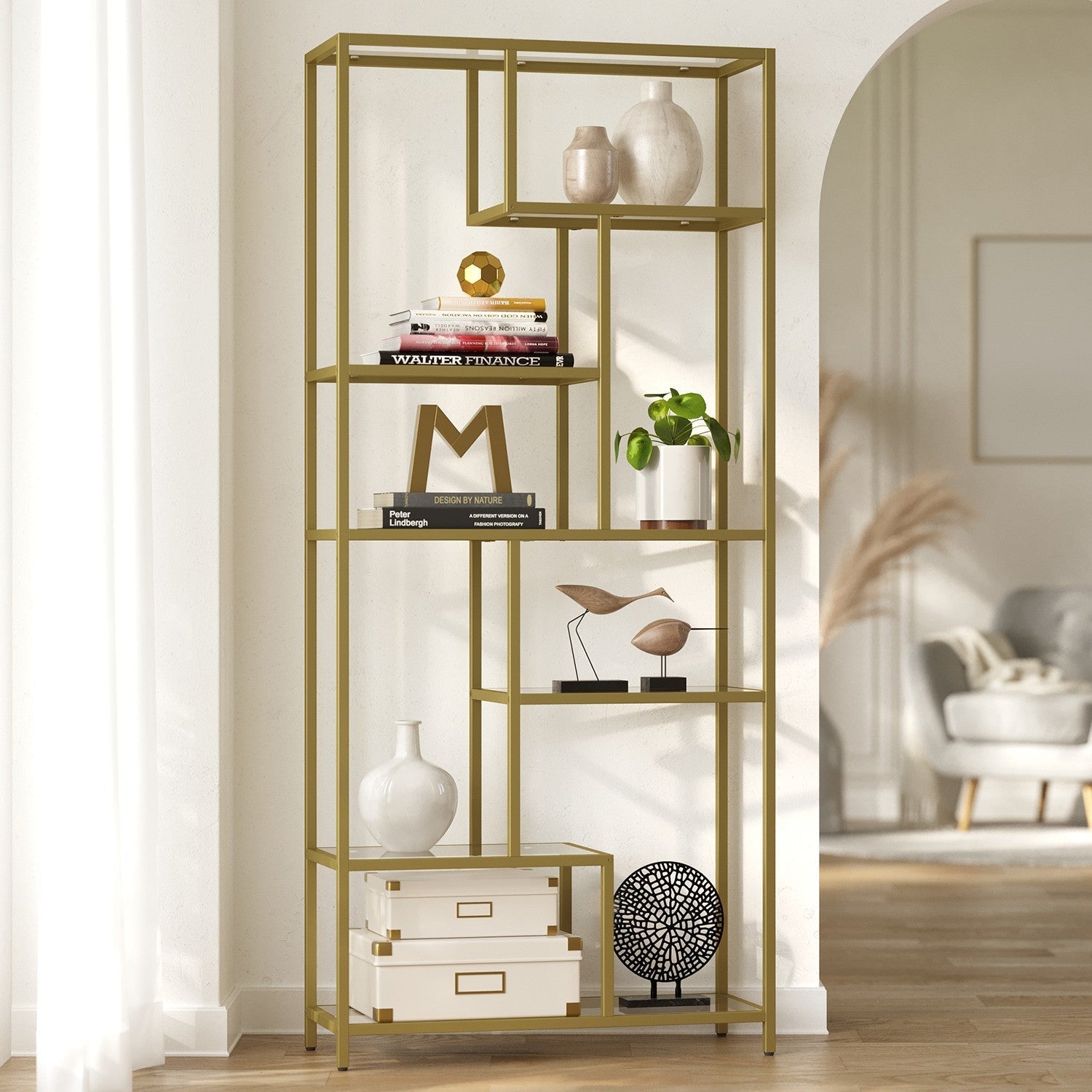 Tall Bookcase - Tempered Glass - Gold - 6-Tier Shelving Unit for Living Room