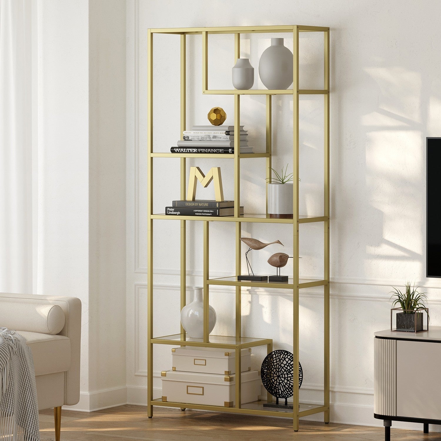 Tall Bookcase - Tempered Glass - Gold - 6-Tier Shelving Unit for Living Room
