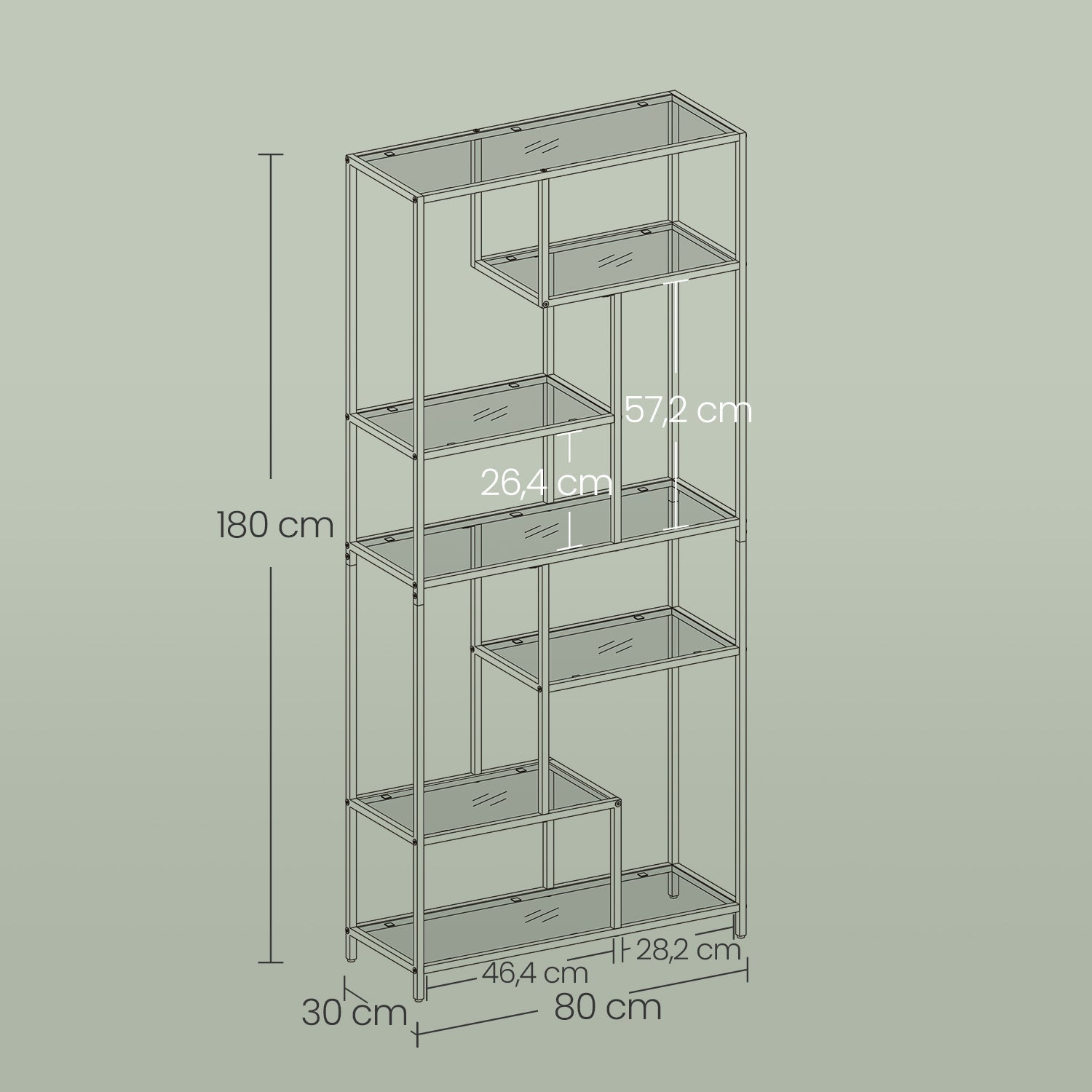 Tall Bookcase - Tempered Glass - Gold - 6-Tier Shelving Unit for Living Room