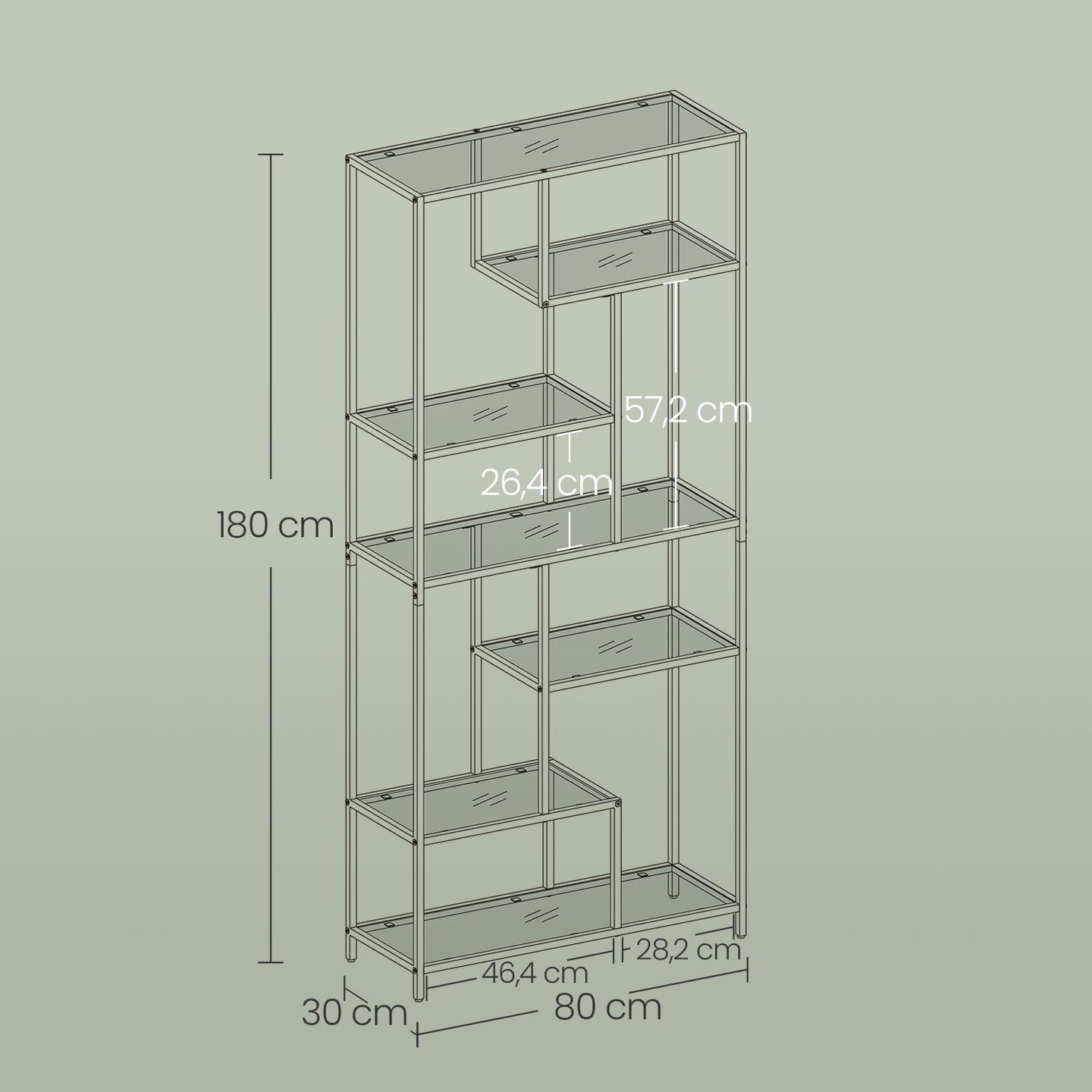 Tall Bookcase - Tempered Glass - Gold - 6-Tier Shelving Unit for Living Room