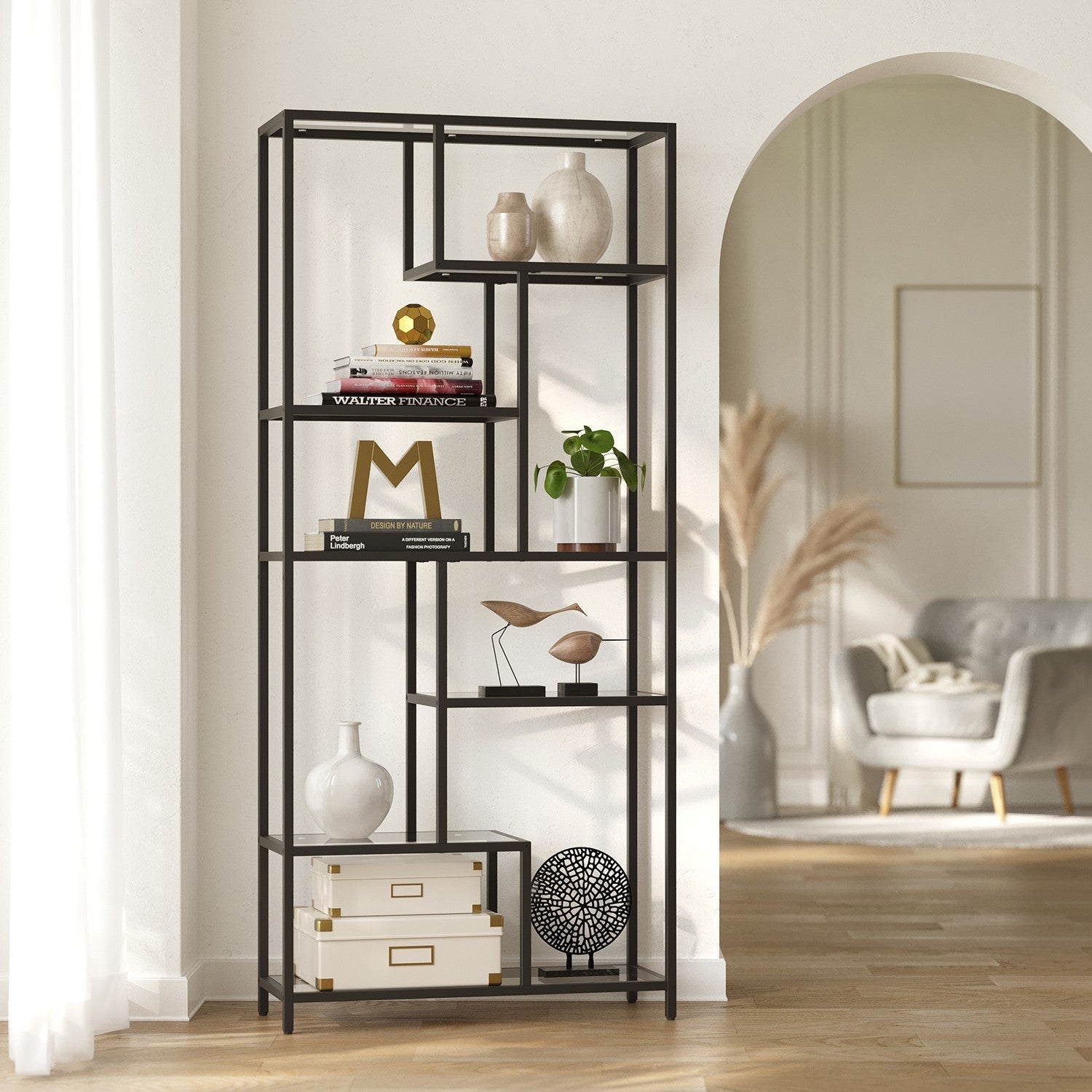 Tall Bookcase - Tempered Glass - Black - 6-Tier Shelving Unit for Living Room and Study