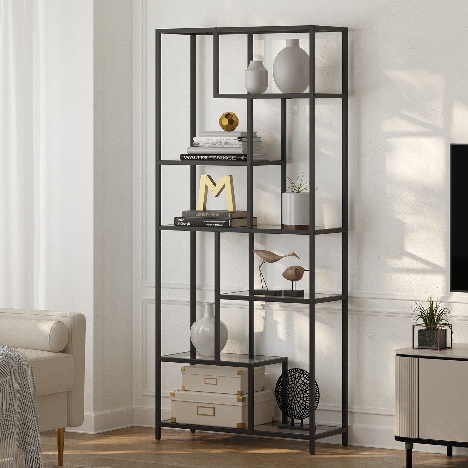 Tall Bookcase - Tempered Glass - Black - 6-Tier Shelving Unit for Living Room and Study