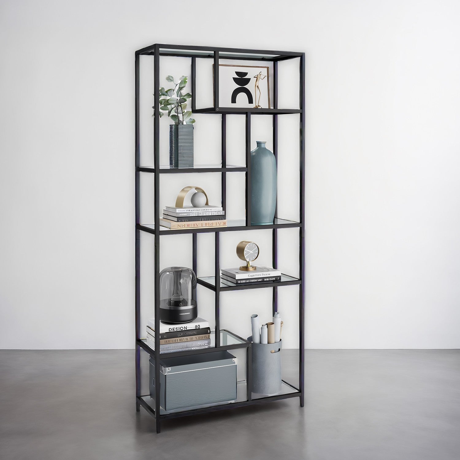 Tall Bookcase - Tempered Glass - Black - 6-Tier Shelving Unit for Living Room and Study