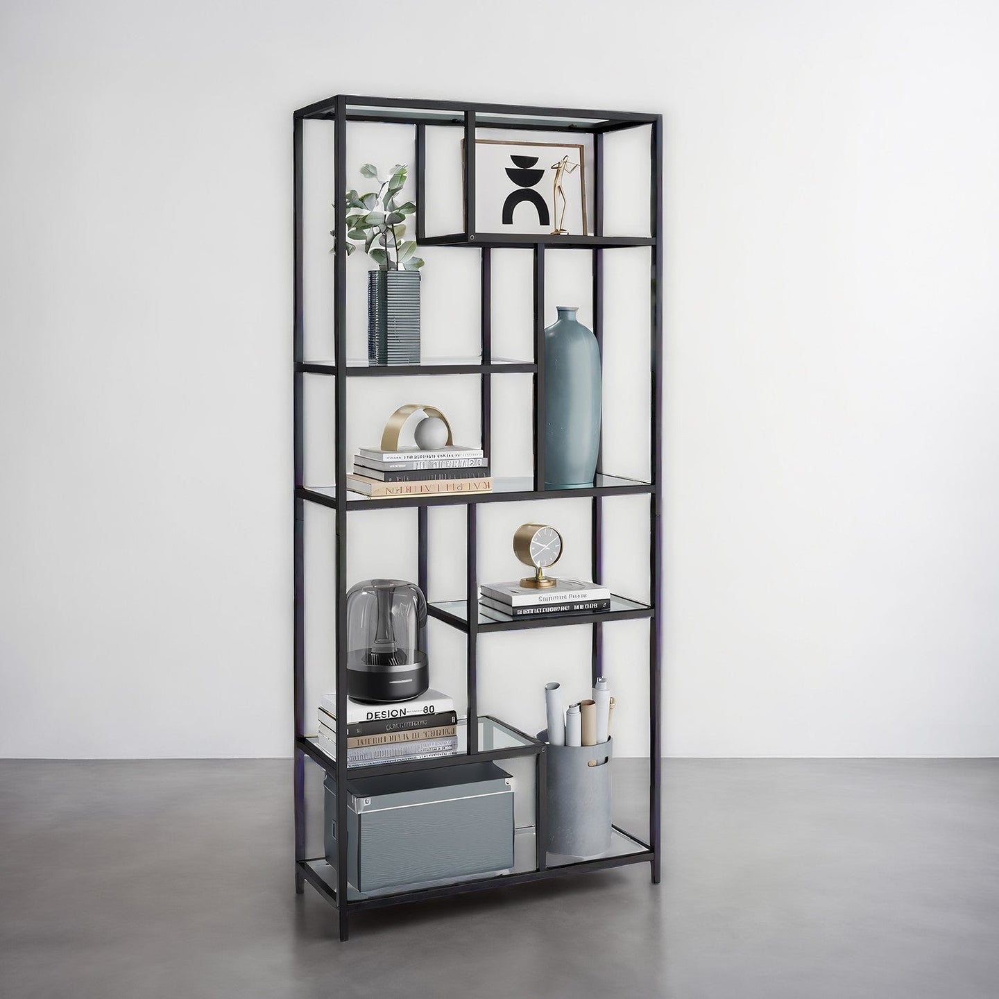 Tall Bookcase - Tempered Glass - Black - 6-Tier Shelving Unit for Living Room and Study