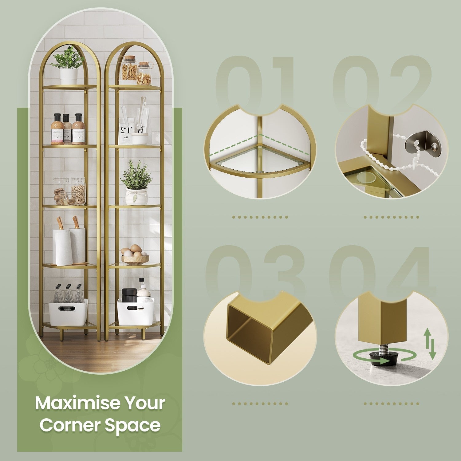 5-Tier Corner Shelf - Glass - Golden