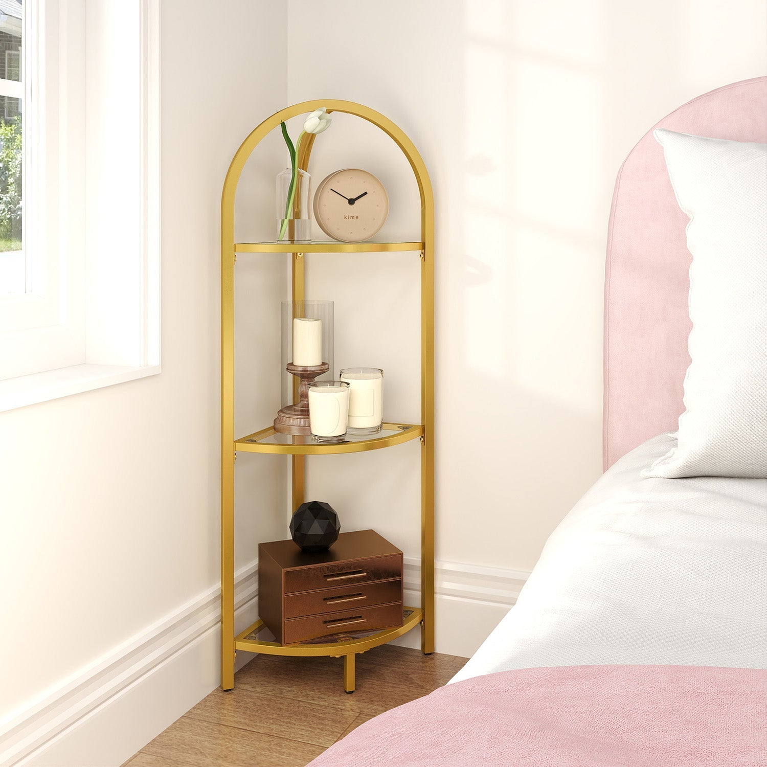 3-Tier Corner Shelf - Tempered Glass - Metal Frame