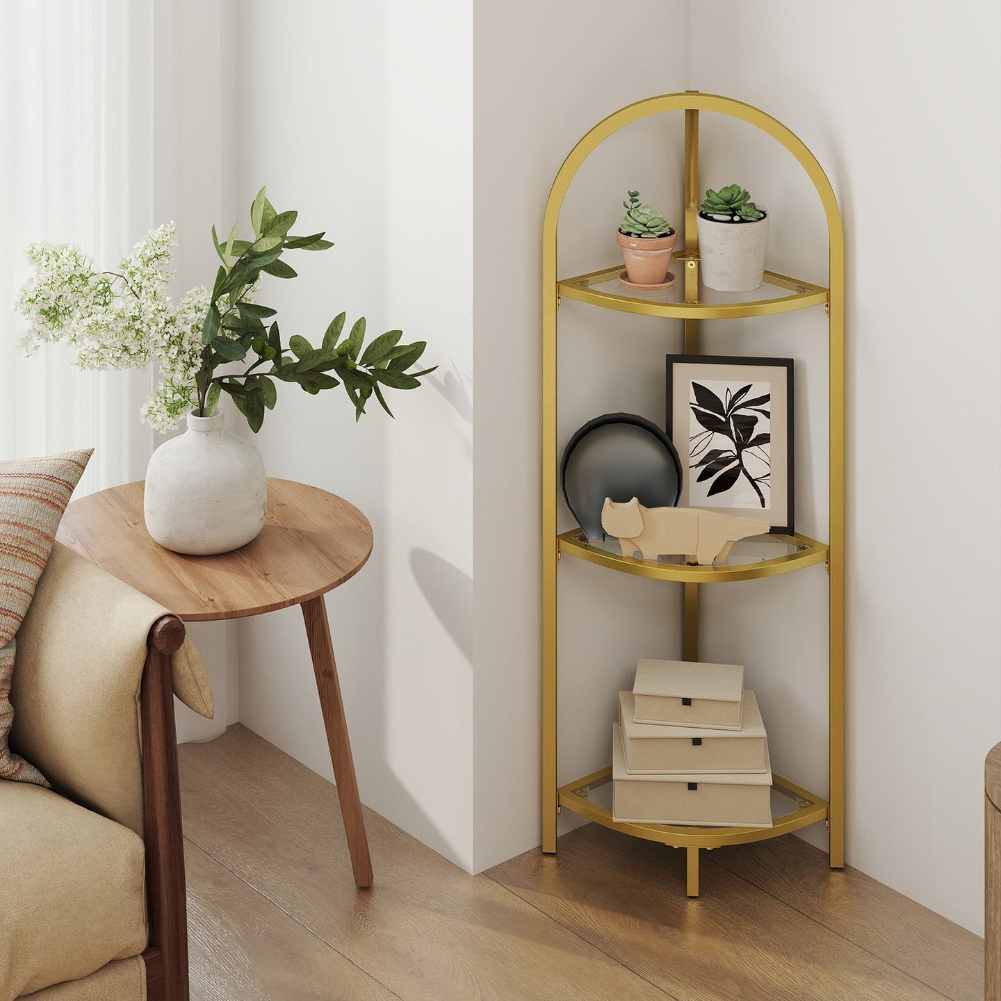 3-Tier Corner Shelf - Tempered Glass - Metal Frame