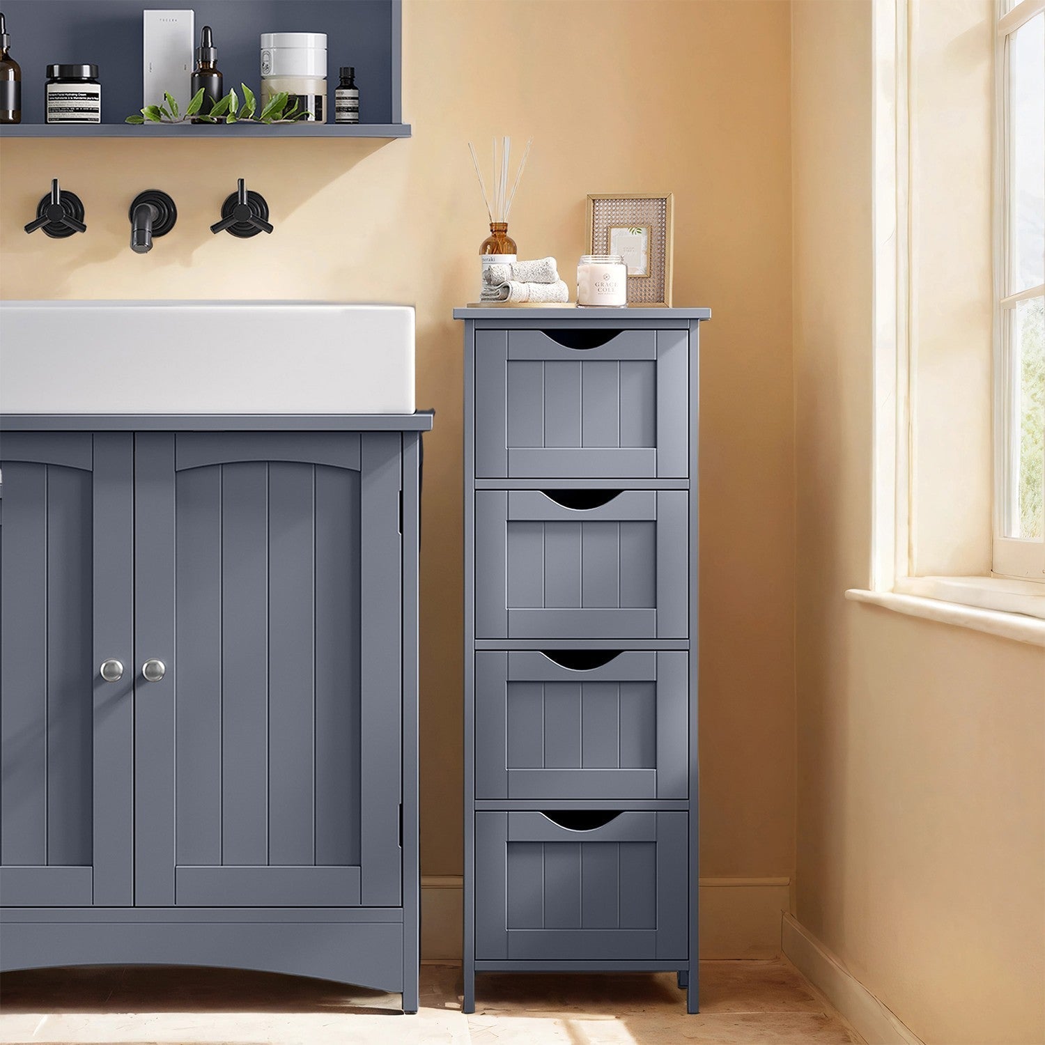 Bathroom Floor Storage Cabinet - Wood - Laurel Green - Freestanding Unit with 4 Drawers