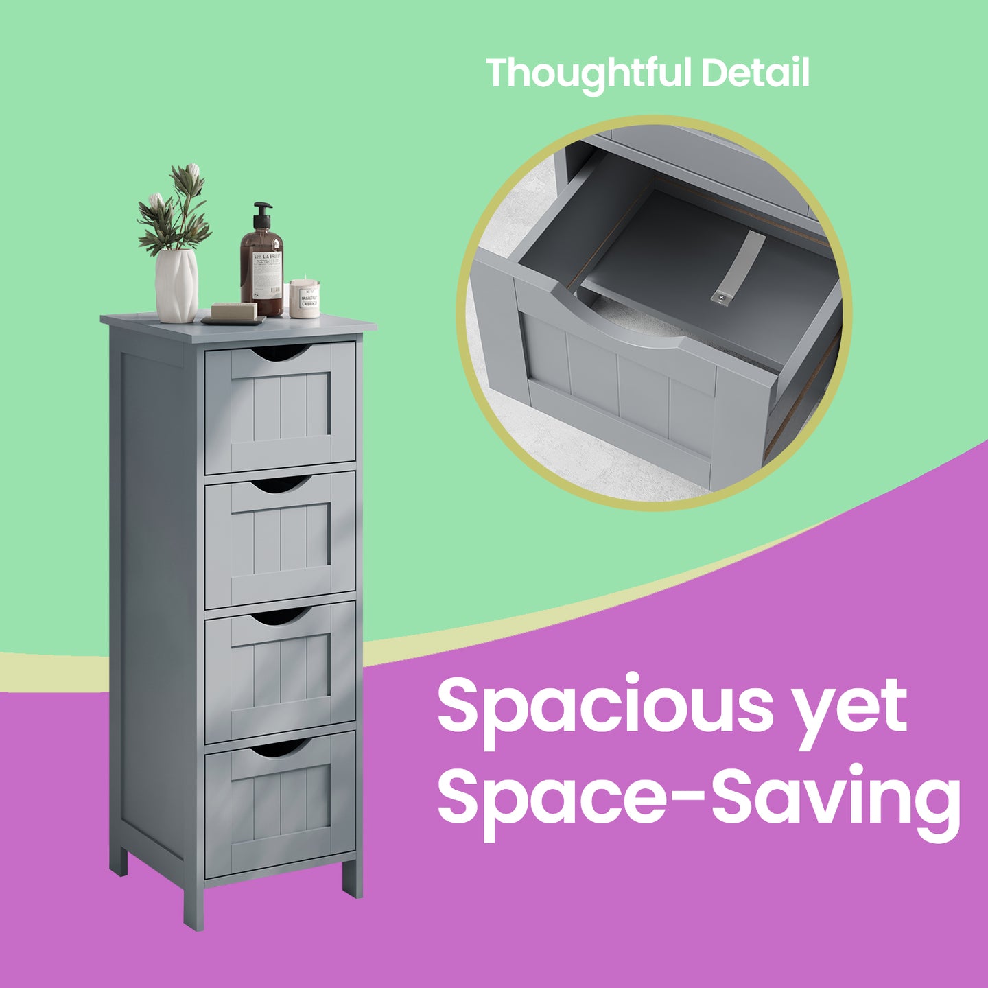 Bathroom Floor Storage Cabinet - MDF - Light Grey - with 4 Drawers