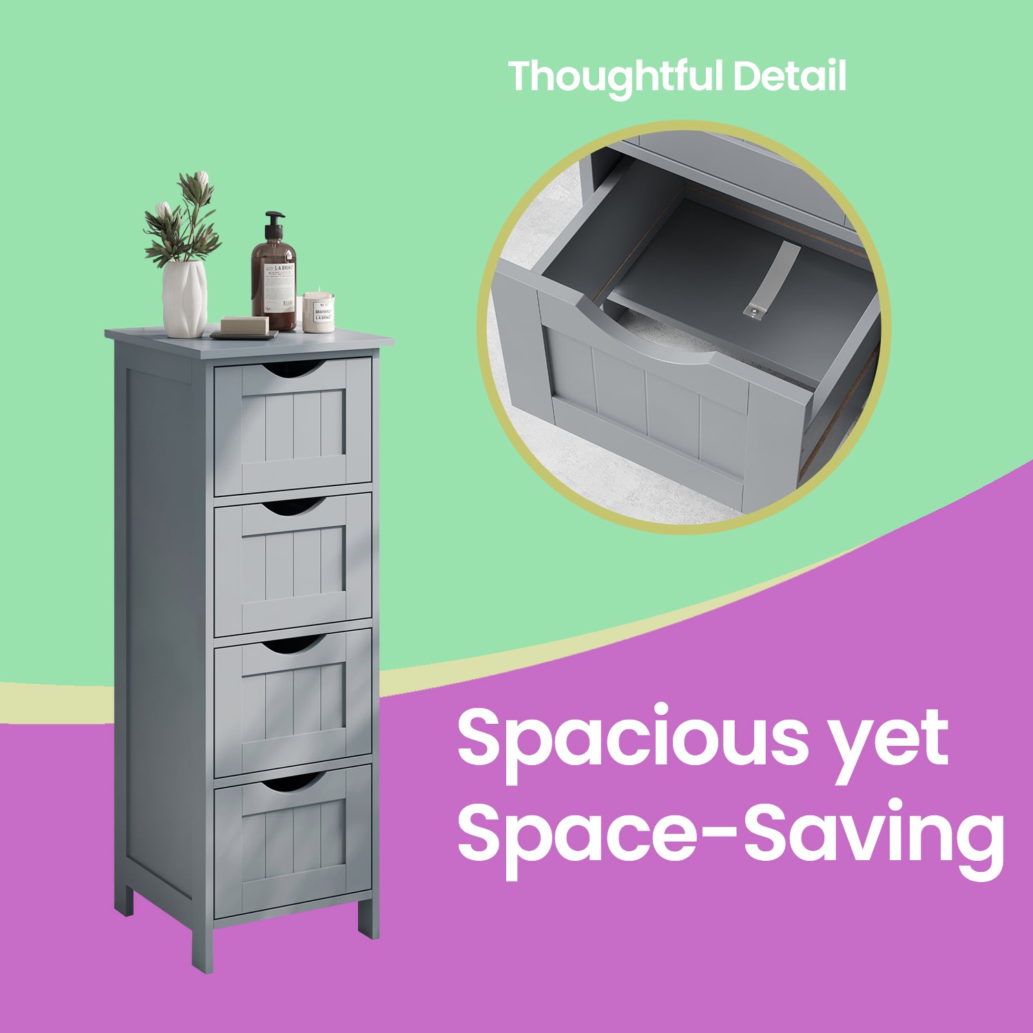 Bathroom Floor Storage Cabinet - MDF - Light Grey - with 4 Drawers