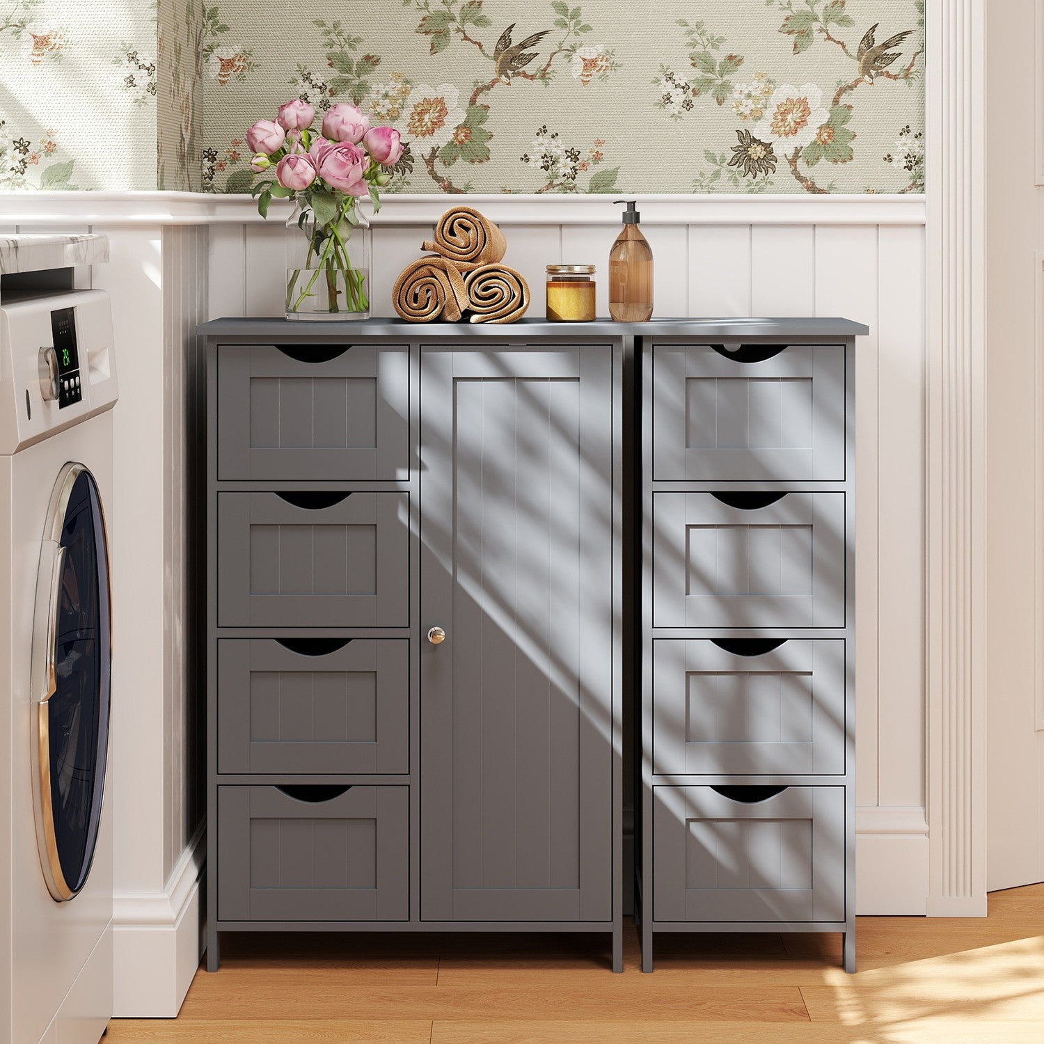 Bathroom Floor Storage Cabinet - MDF - Light Grey - with 4 Drawers