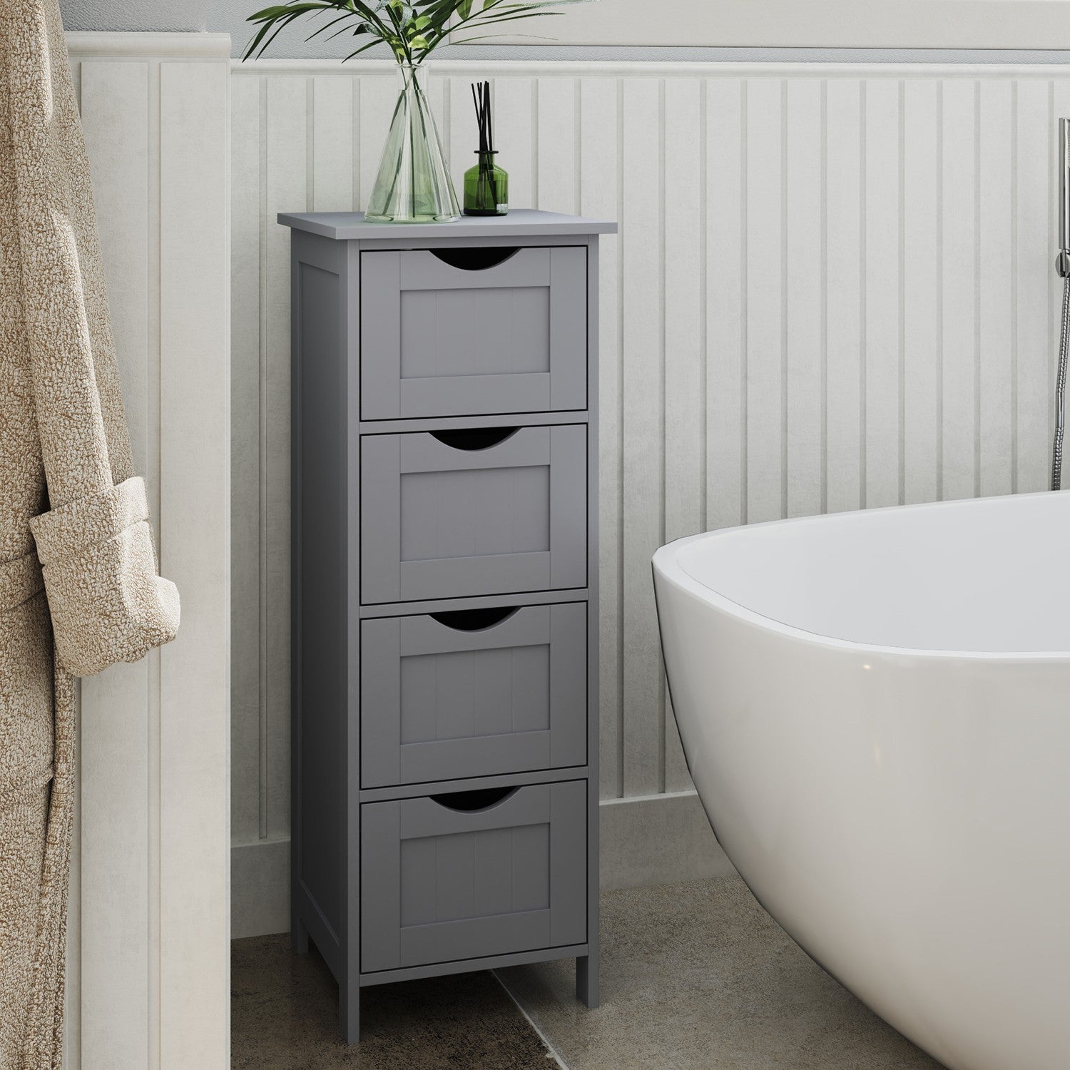 Bathroom Floor Storage Cabinet - MDF - Light Grey - with 4 Drawers
