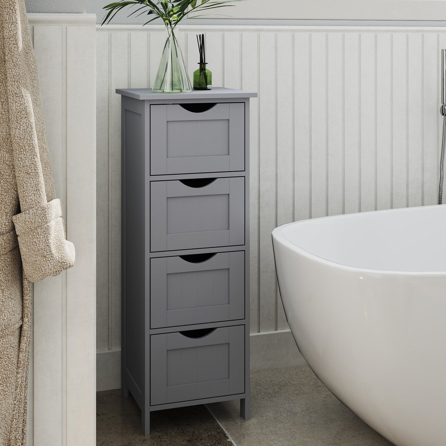 Bathroom Floor Storage Cabinet - MDF - Light Grey - with 4 Drawers