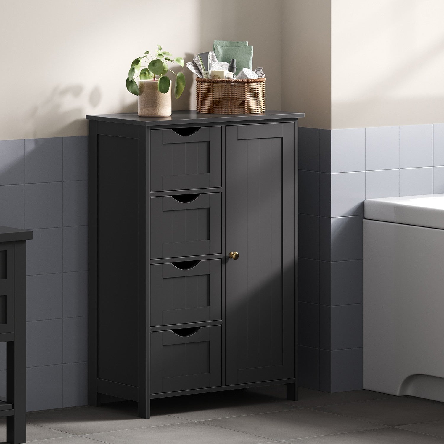 Bathroom Floor Storage Cabinet - Wood - Cloud White - Freestanding with 4 Drawers and 1 Door