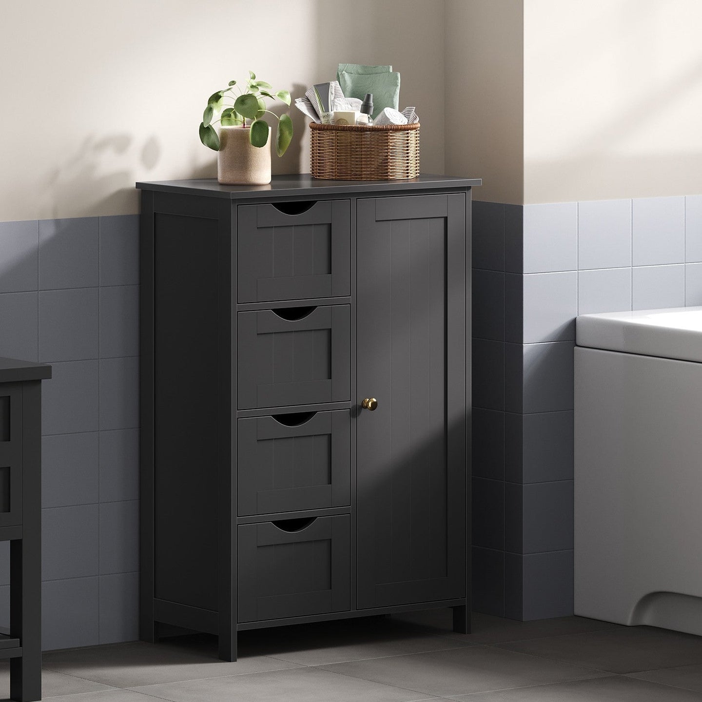 Bathroom Floor Storage Cabinet - Wood - Cloud White - Freestanding with 4 Drawers and 1 Door