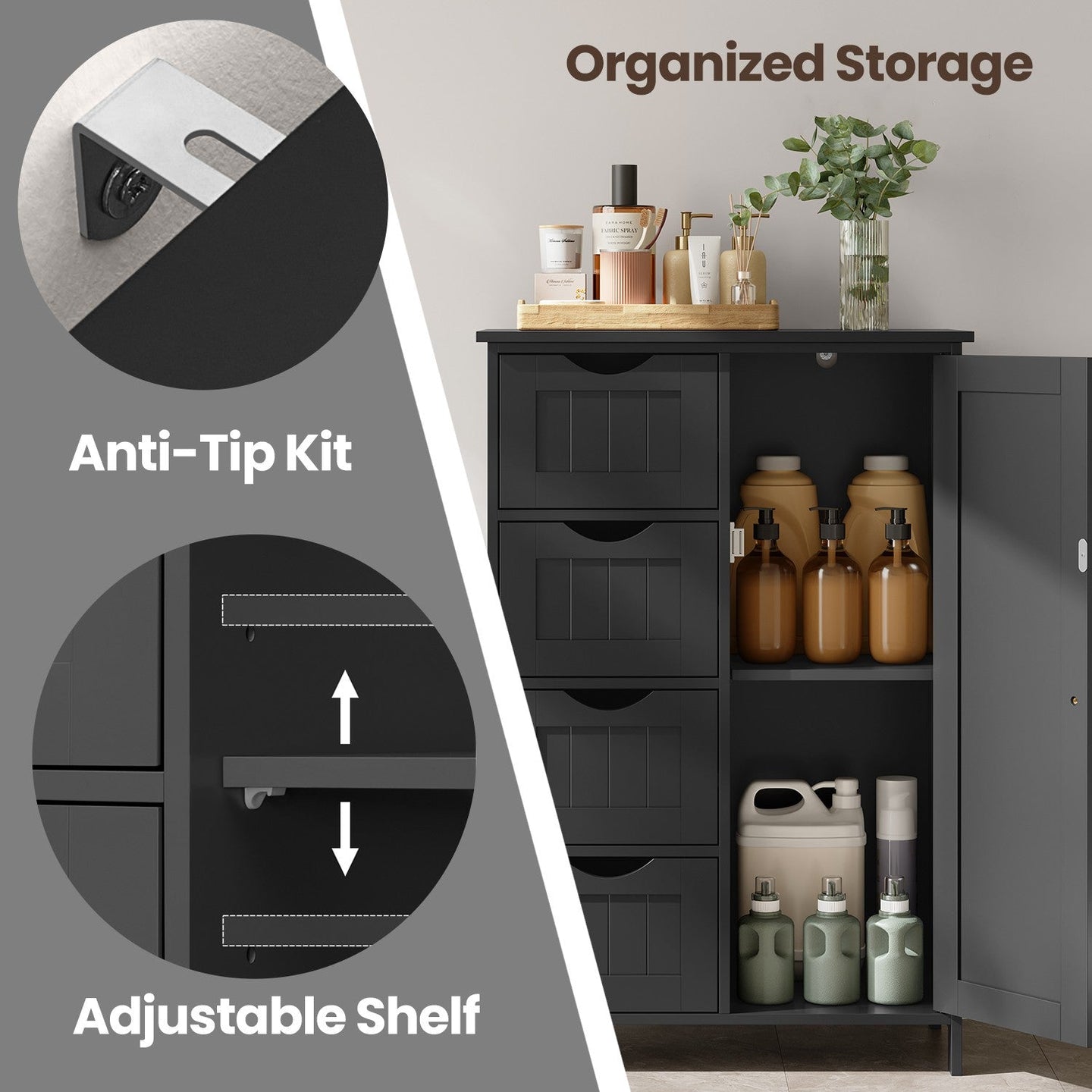 Bathroom Floor Storage Cabinet - Wood - Cloud White - Freestanding with 4 Drawers and 1 Door