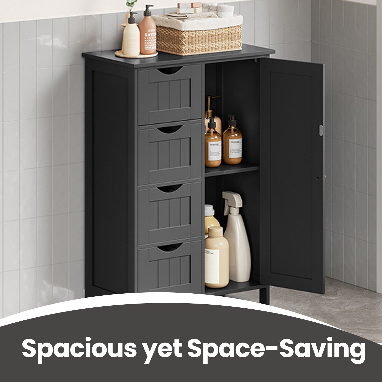 Bathroom Floor Storage Cabinet - Wood - Cloud White - Freestanding with 4 Drawers and 1 Door