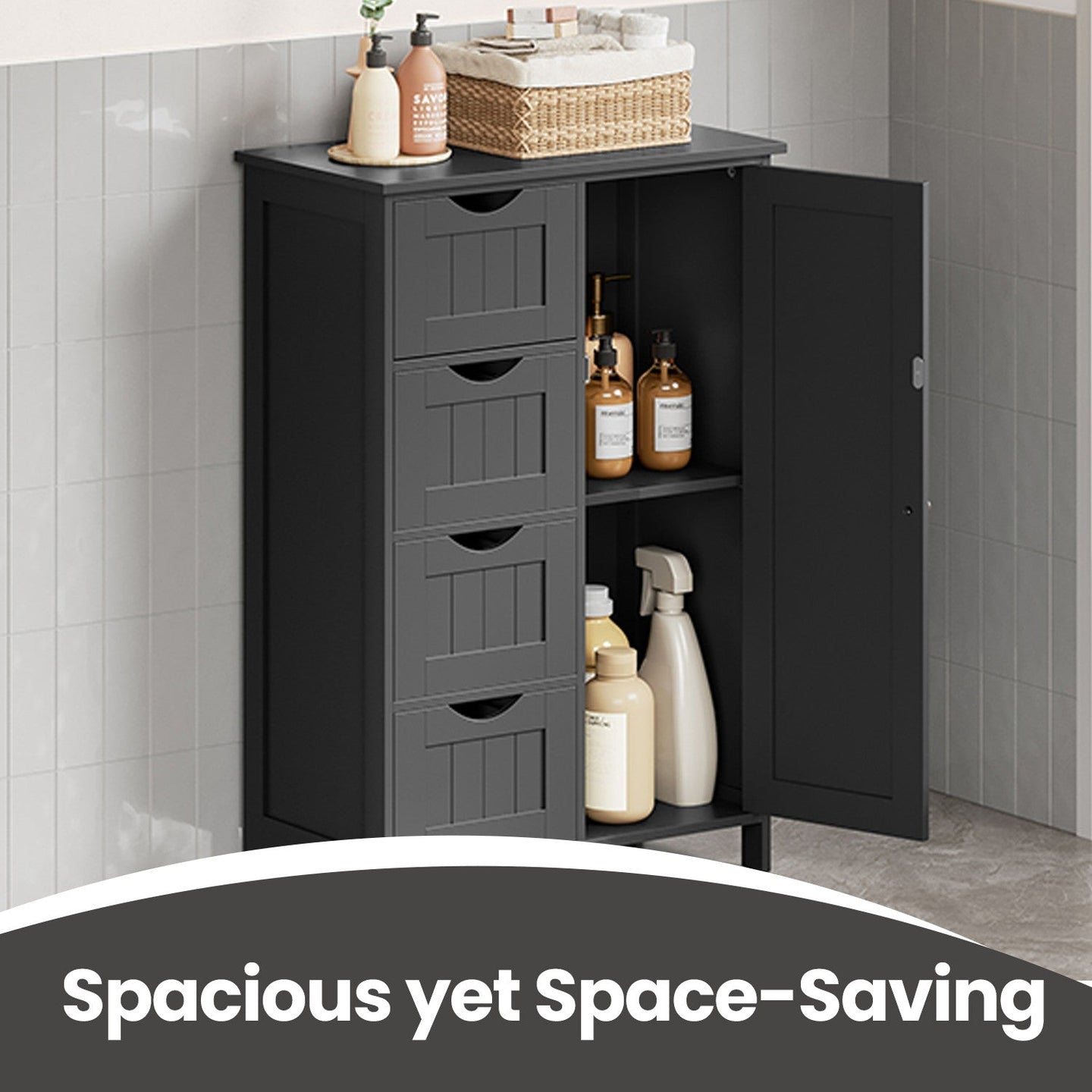 Bathroom Floor Storage Cabinet - Wood - Cloud White - Freestanding with 4 Drawers and 1 Door
