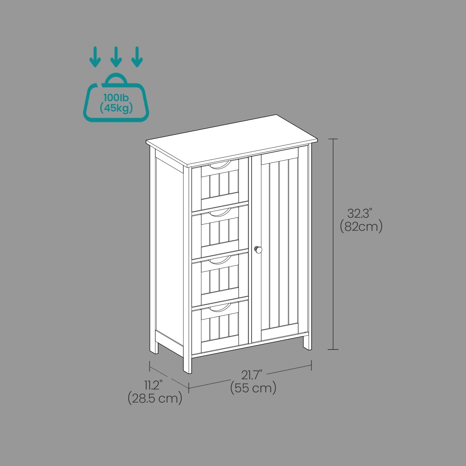 Bathroom Floor Storage Cabinet - Wood - Cloud White - Freestanding with 4 Drawers and 1 Door