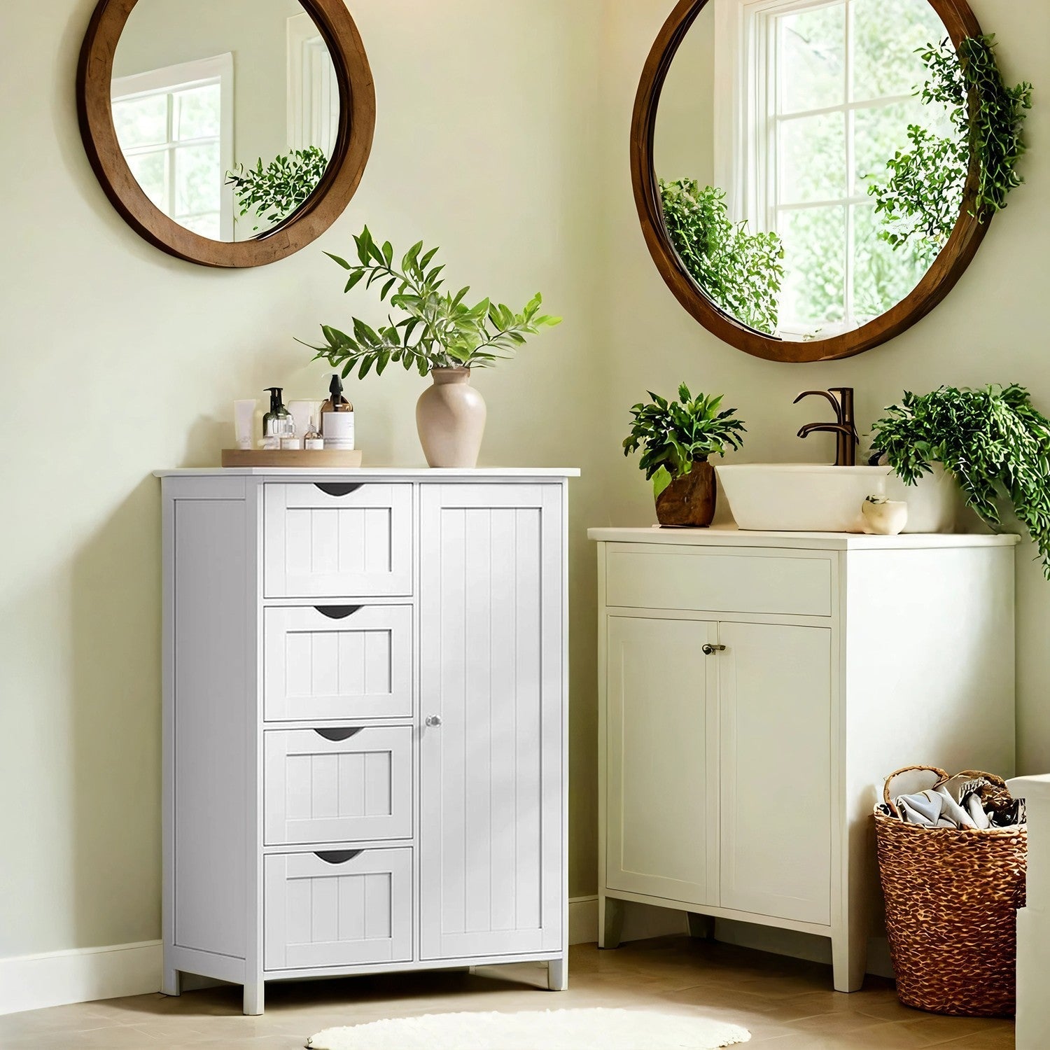 Bathroom Floor Storage Cabinet - MDF - White - 4 Drawers with Adjustable Shelf