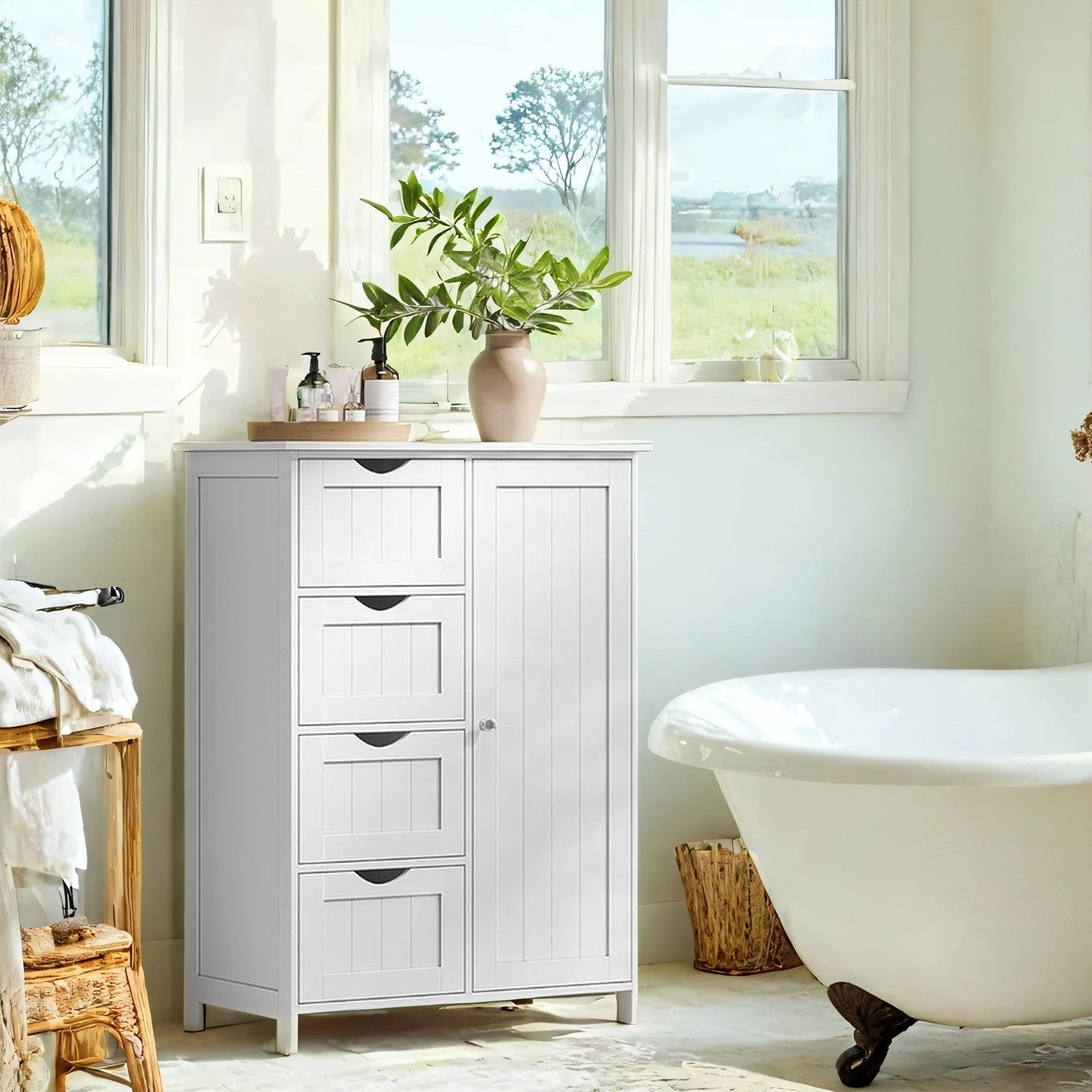 Bathroom Floor Storage Cabinet - MDF - White - 4 Drawers with Adjustable Shelf