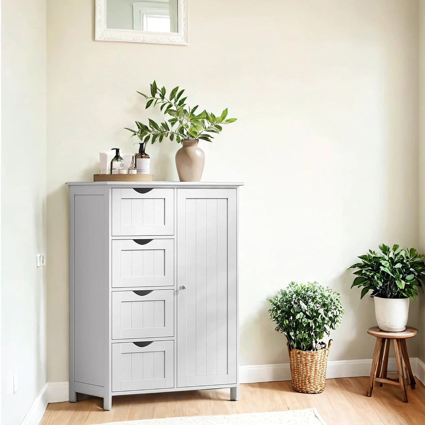 Bathroom Floor Storage Cabinet - MDF - White - 4 Drawers with Adjustable Shelf