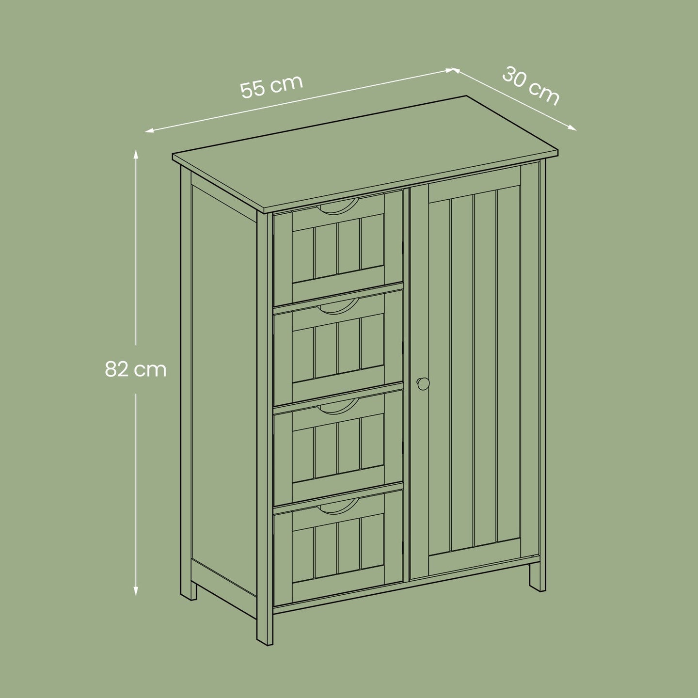 Bathroom Floor Storage Cabinet - MDF - White - 4 Drawers with Adjustable Shelf