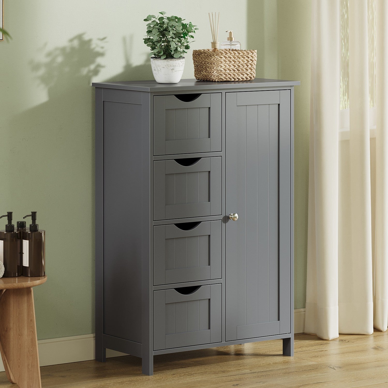 Bathroom Floor Storage Cabinet - Wood - Cloud White - Freestanding with 4 Drawers and 1 Door