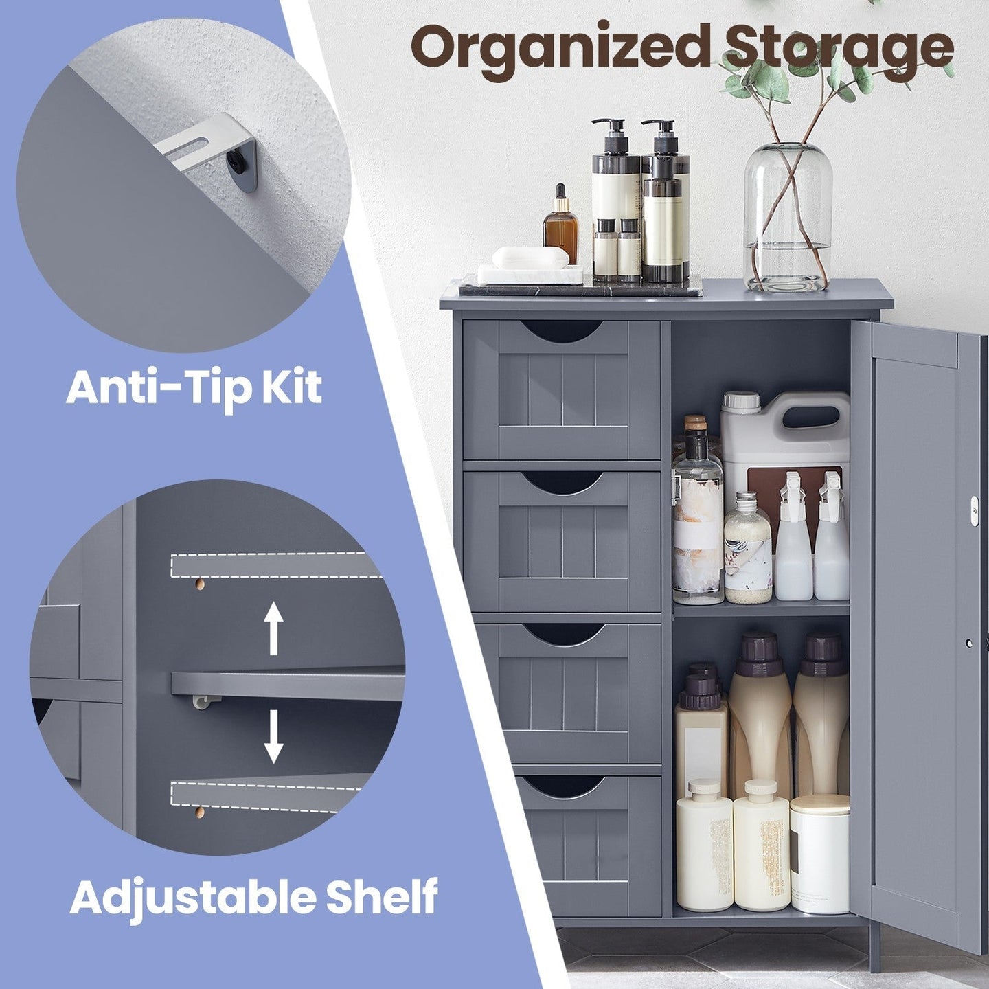 Bathroom Floor Storage Cabinet - Wood - Cloud White - Freestanding with 4 Drawers and 1 Door