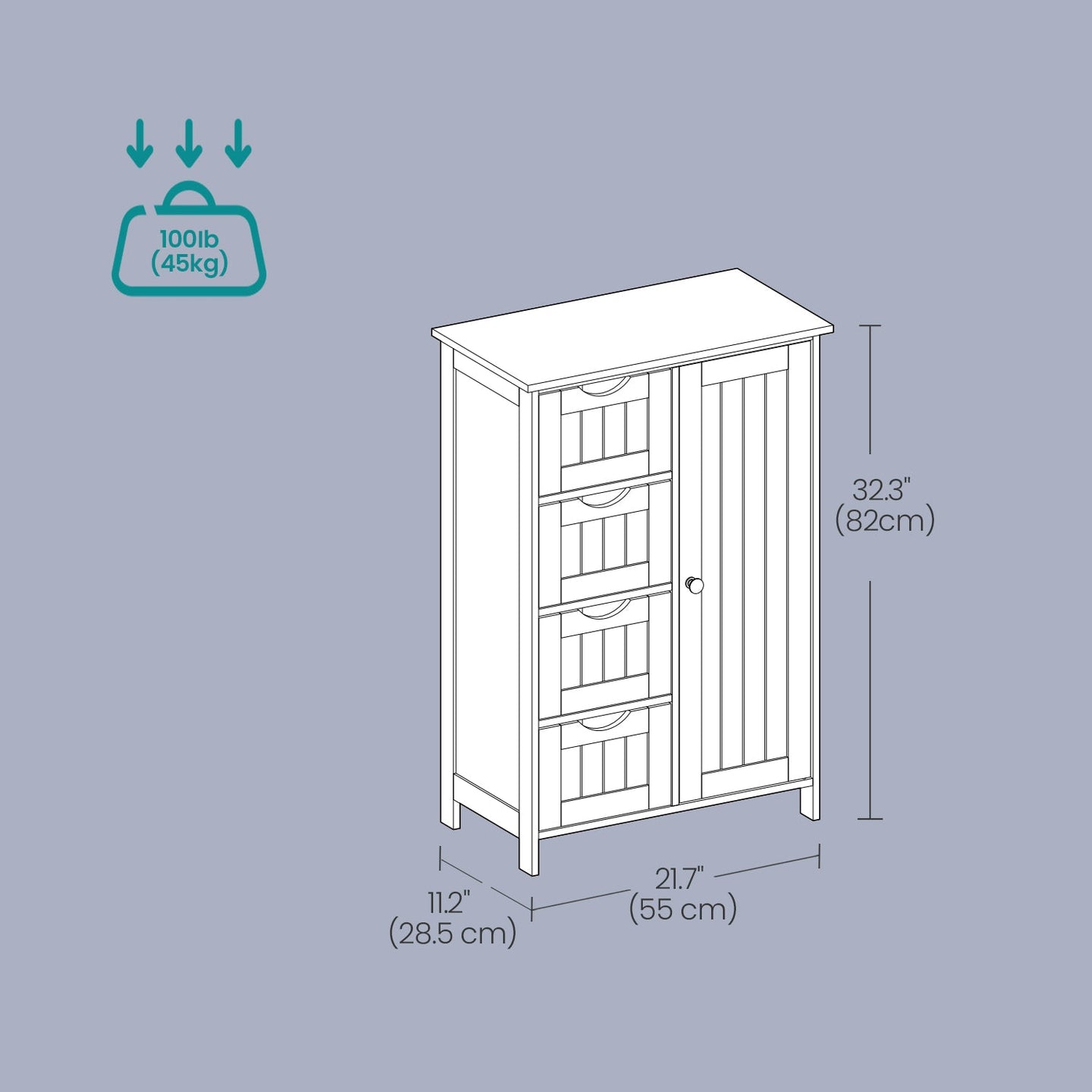 Bathroom Floor Storage Cabinet - Wood - Cloud White - Freestanding with 4 Drawers and 1 Door