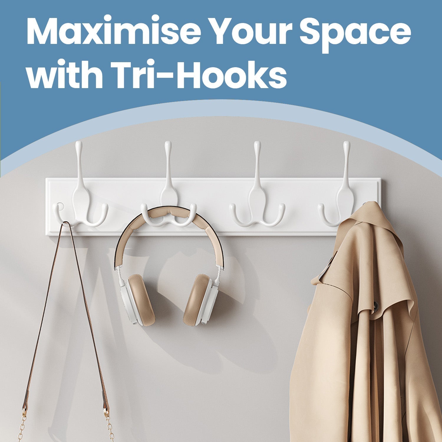 Wall Mounted Coat Rack - Metal - White - 4 Tri-Hooks for Entryway