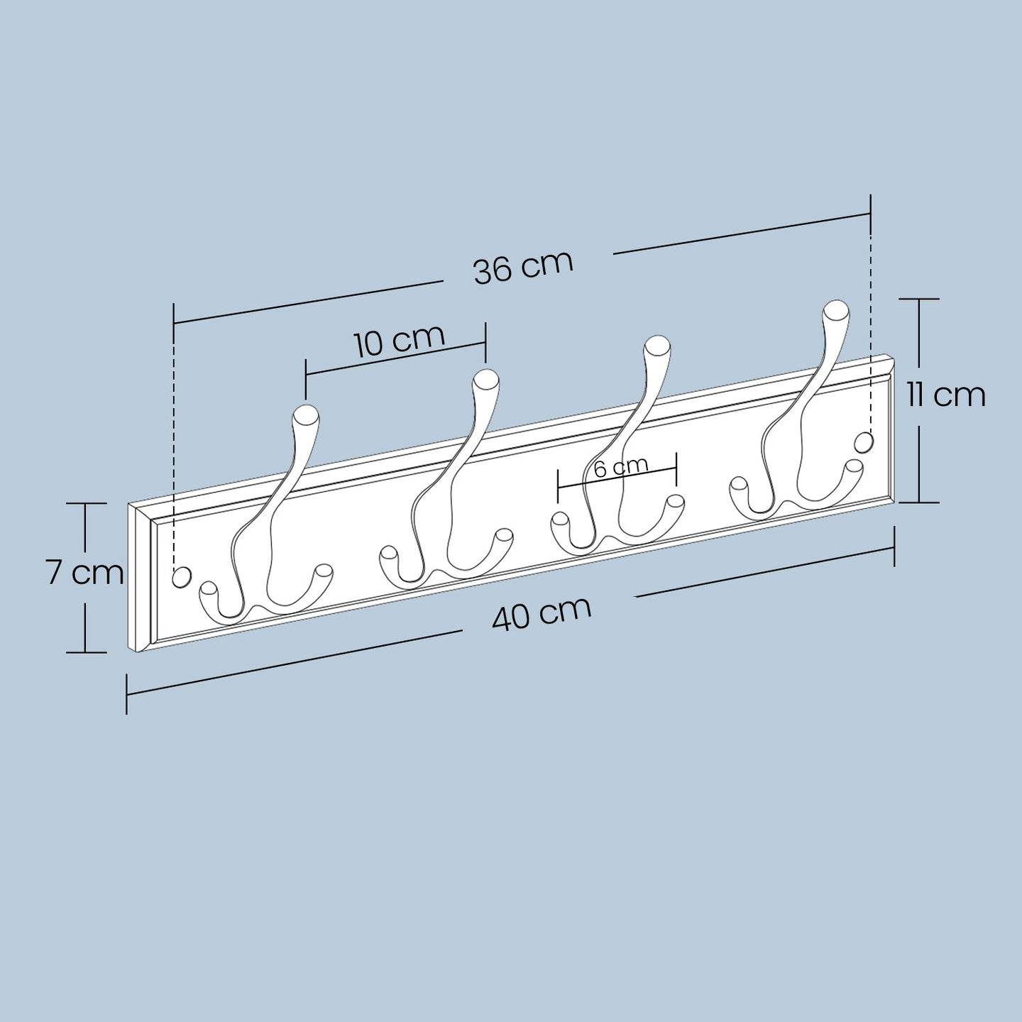 Wall Mounted Coat Rack - Metal - White - 4 Tri-Hooks for Entryway