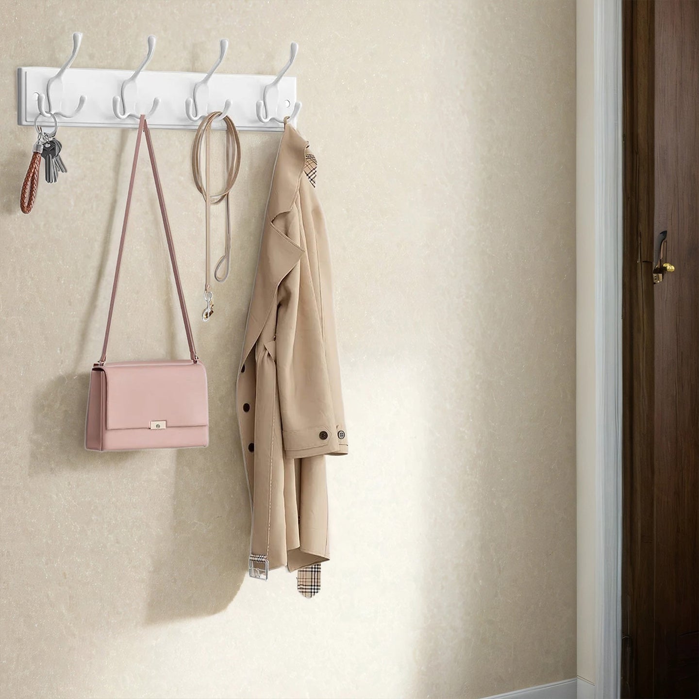Wall Mounted Coat Rack - Metal - White - 4 Tri-Hooks for Entryway