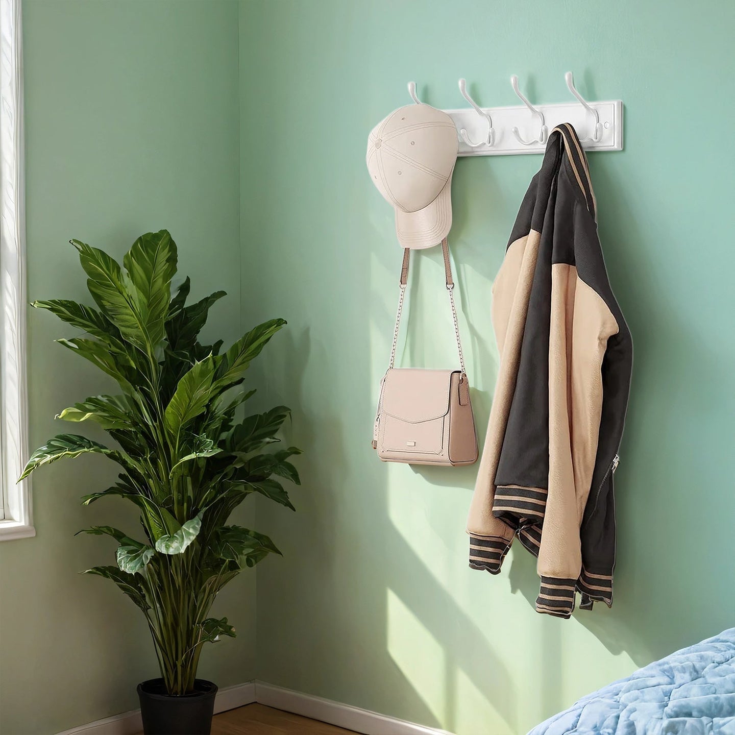 Wall Mounted Coat Rack - Metal - White - 4 Tri-Hooks for Entryway