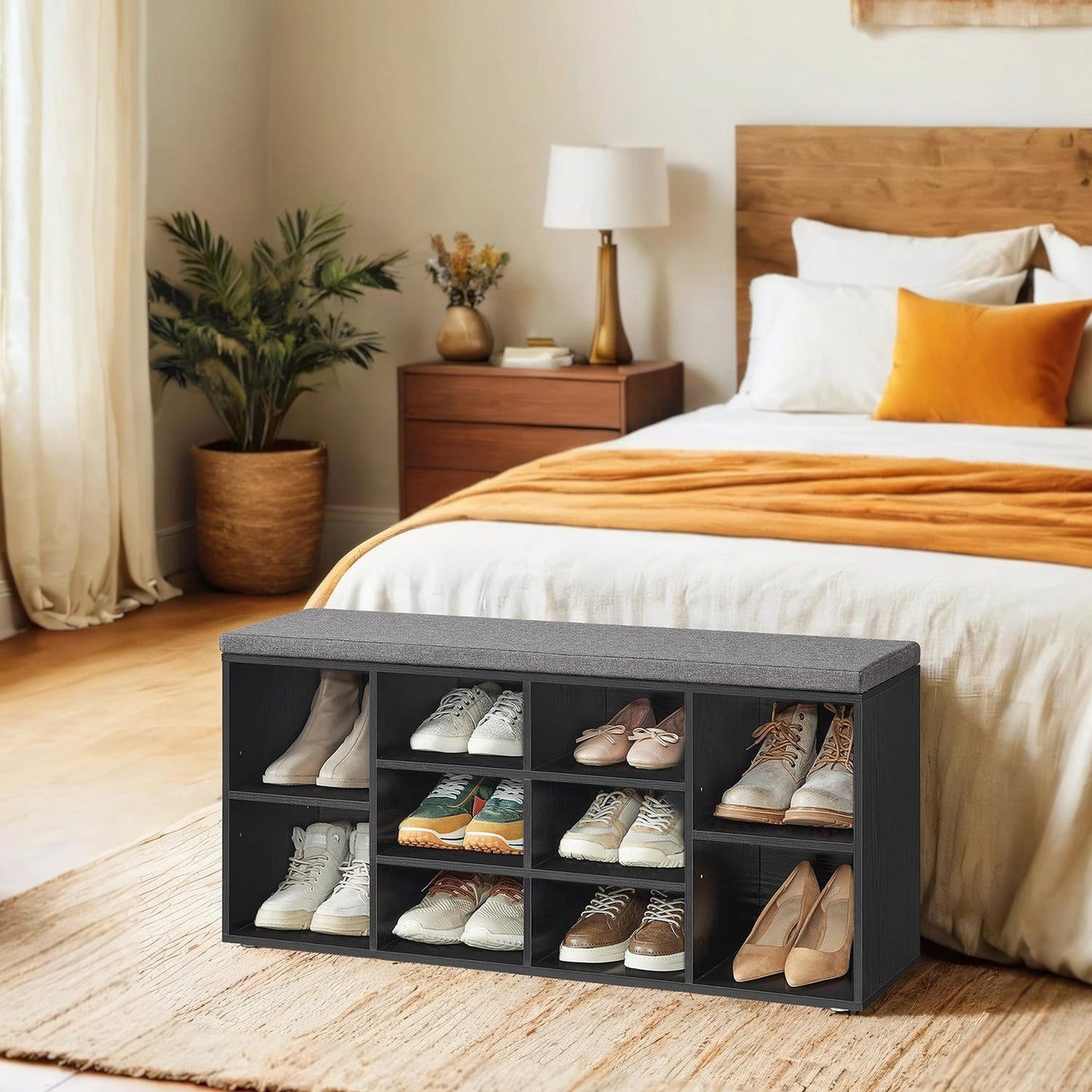 Shoe Bench - Wood - Natural Finish - 10-Compartment Storage with Padded Seat and Adjustable Shelves