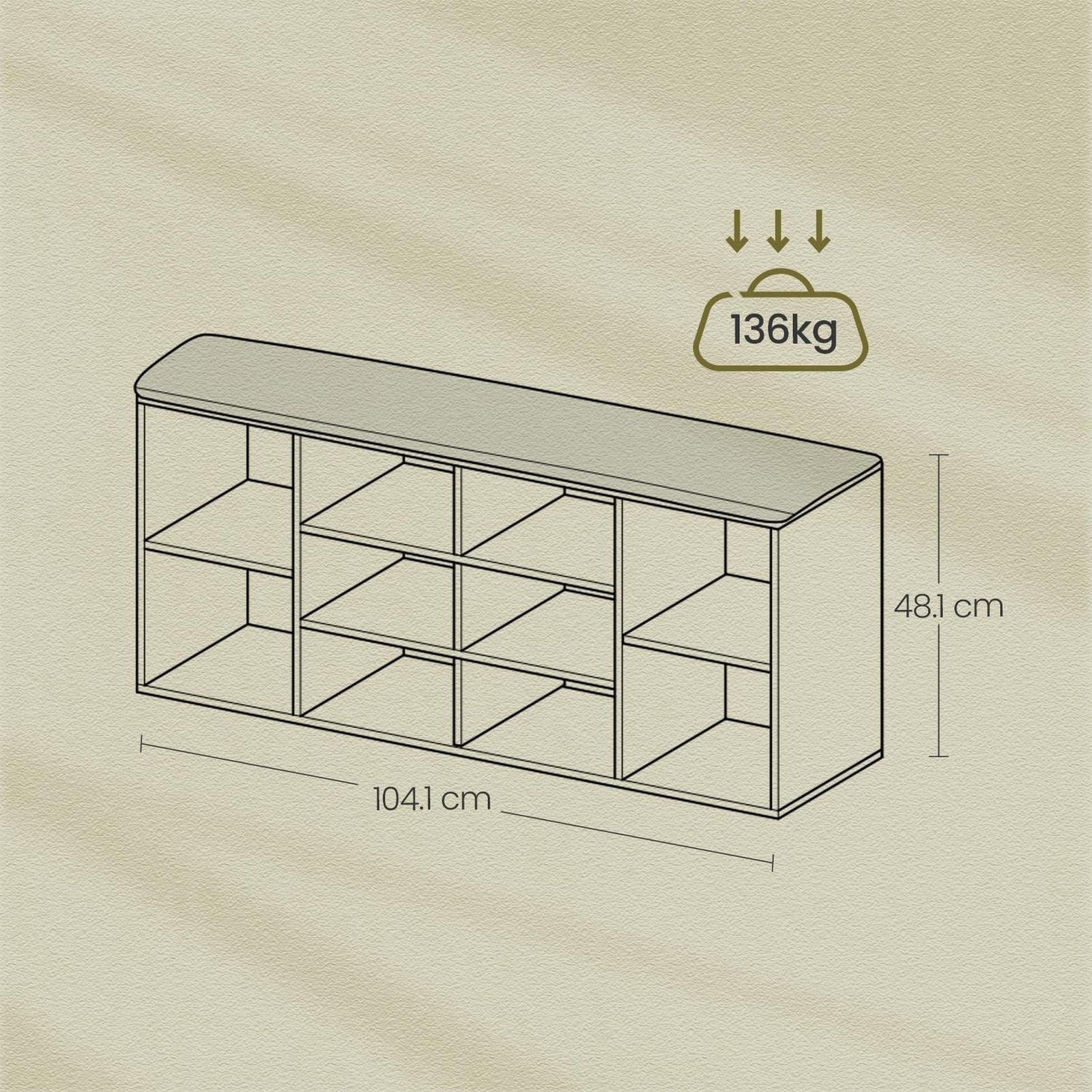 Shoe Bench - Wood - Natural Finish - 10-Compartment Storage with Padded Seat and Adjustable Shelves