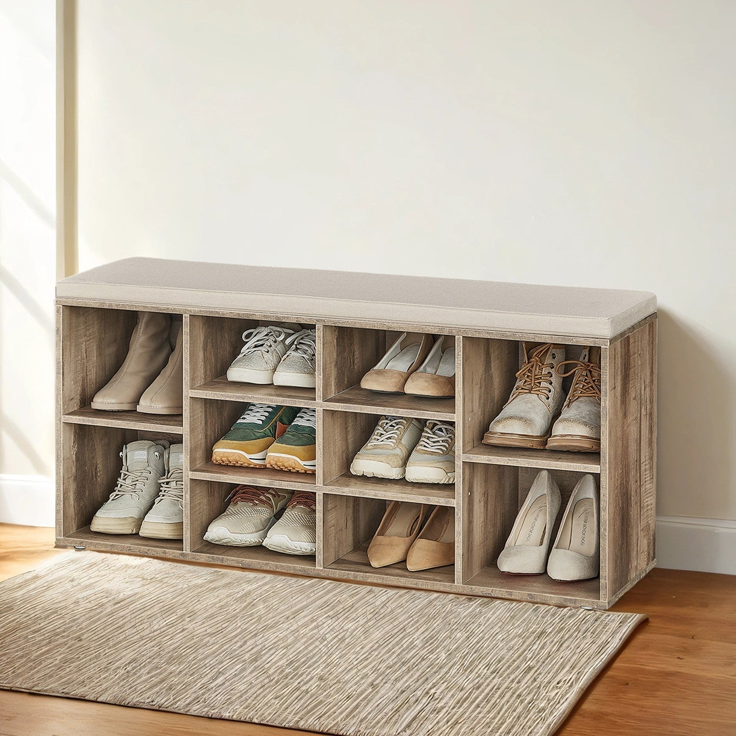 Shoe Bench - Wood - Natural Finish - 10-Compartment Storage with Padded Seat and Adjustable Shelves