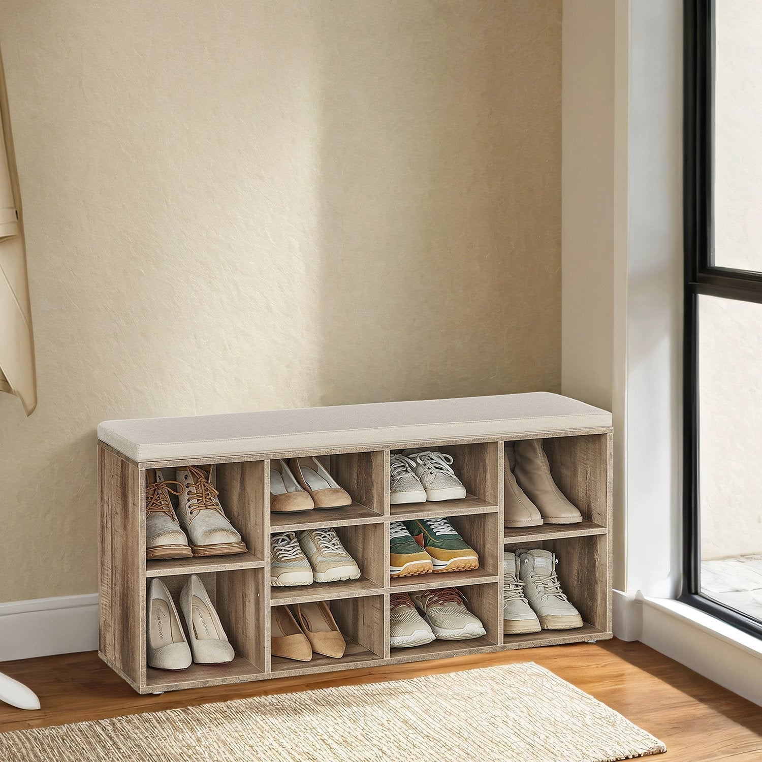 Shoe Bench - Wood - Natural Finish - 10-Compartment Storage with Padded Seat and Adjustable Shelves