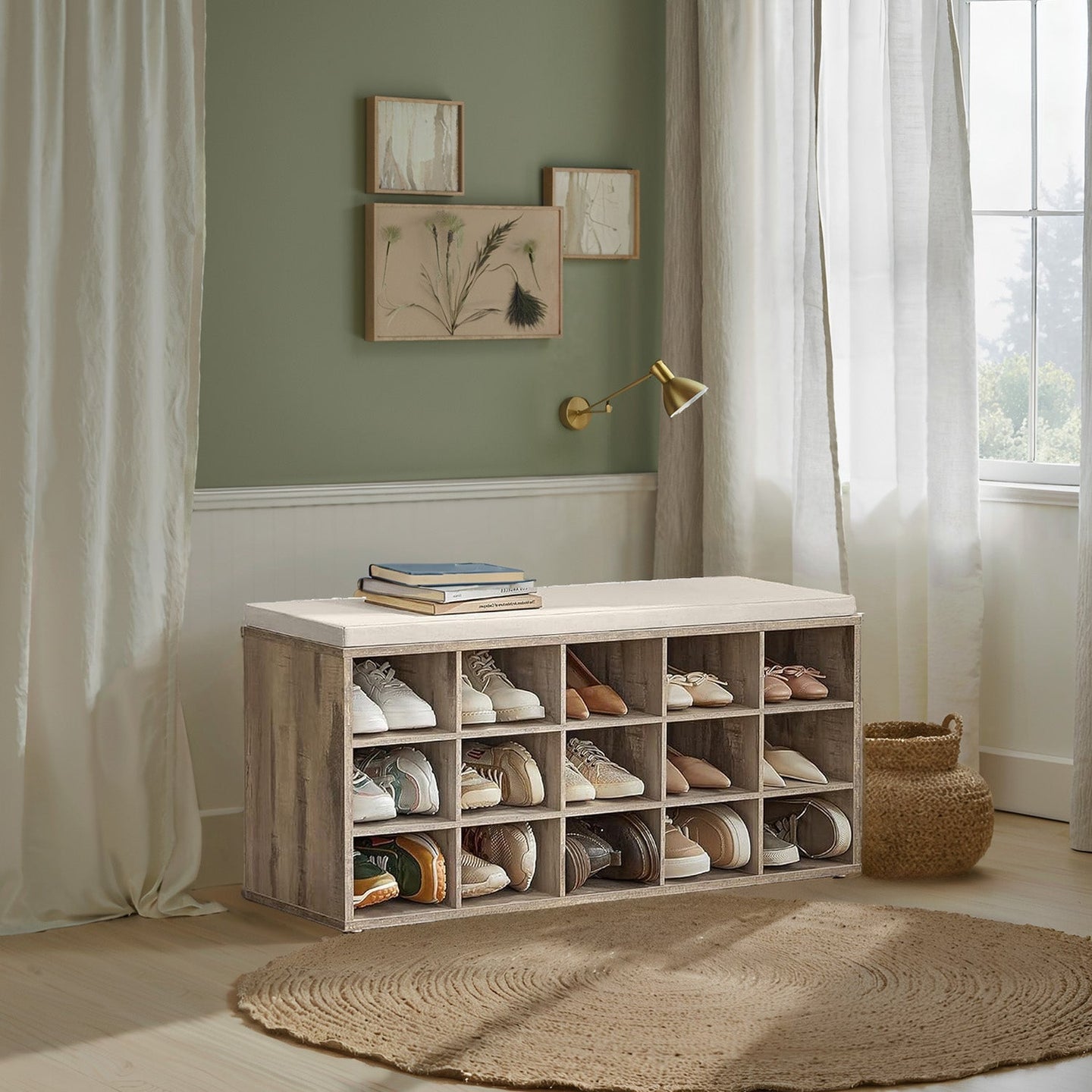 Shoe Bench - Wood - Natural Finish - Padded Seat with 15 Compartment Storage