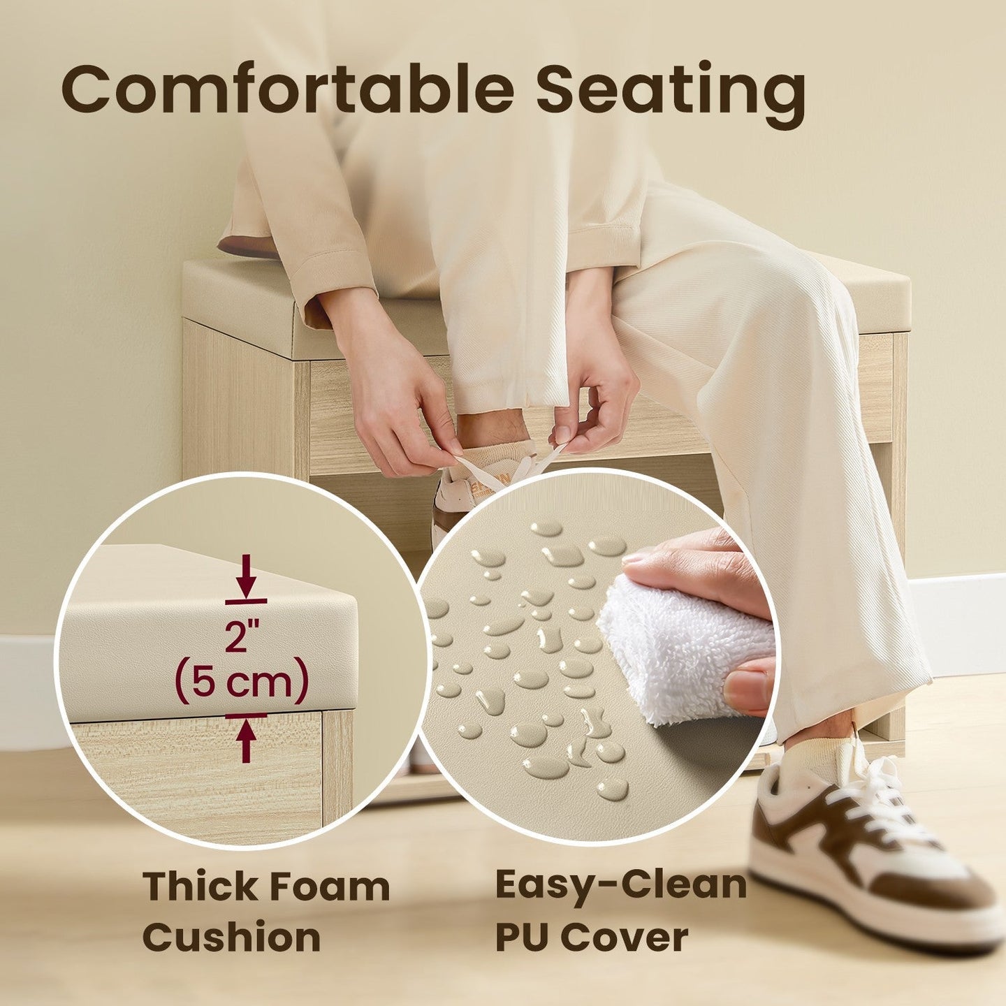 Shoe Storage Bench - Wood - Natural Beige - Cushioned Seat with 3 Storage Compartments